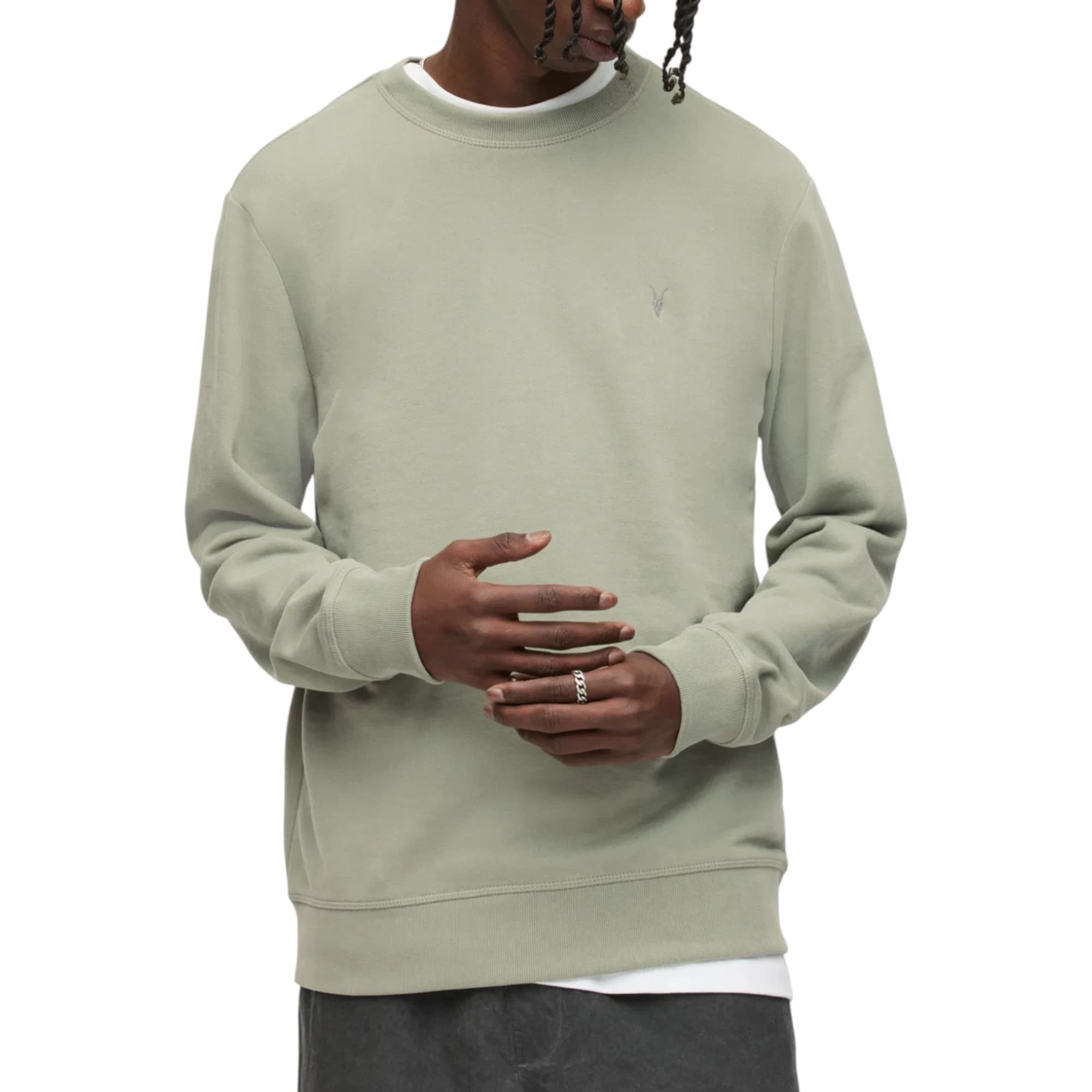 All Saints men's pastel mint green sweatshirt with Ramskull logo, front view