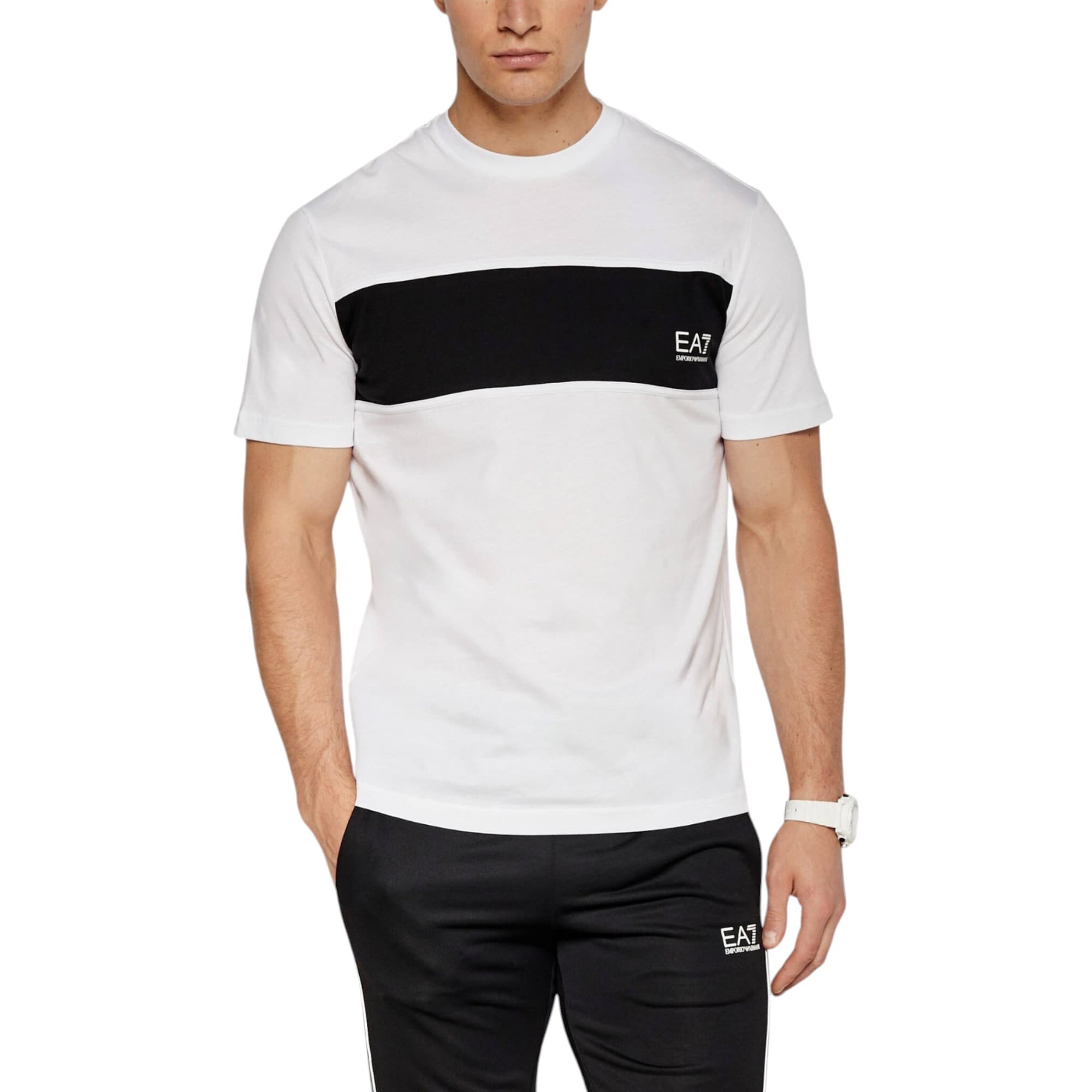 Armani EA7 white cotton men's t-shirt, slim fit crew neck front view