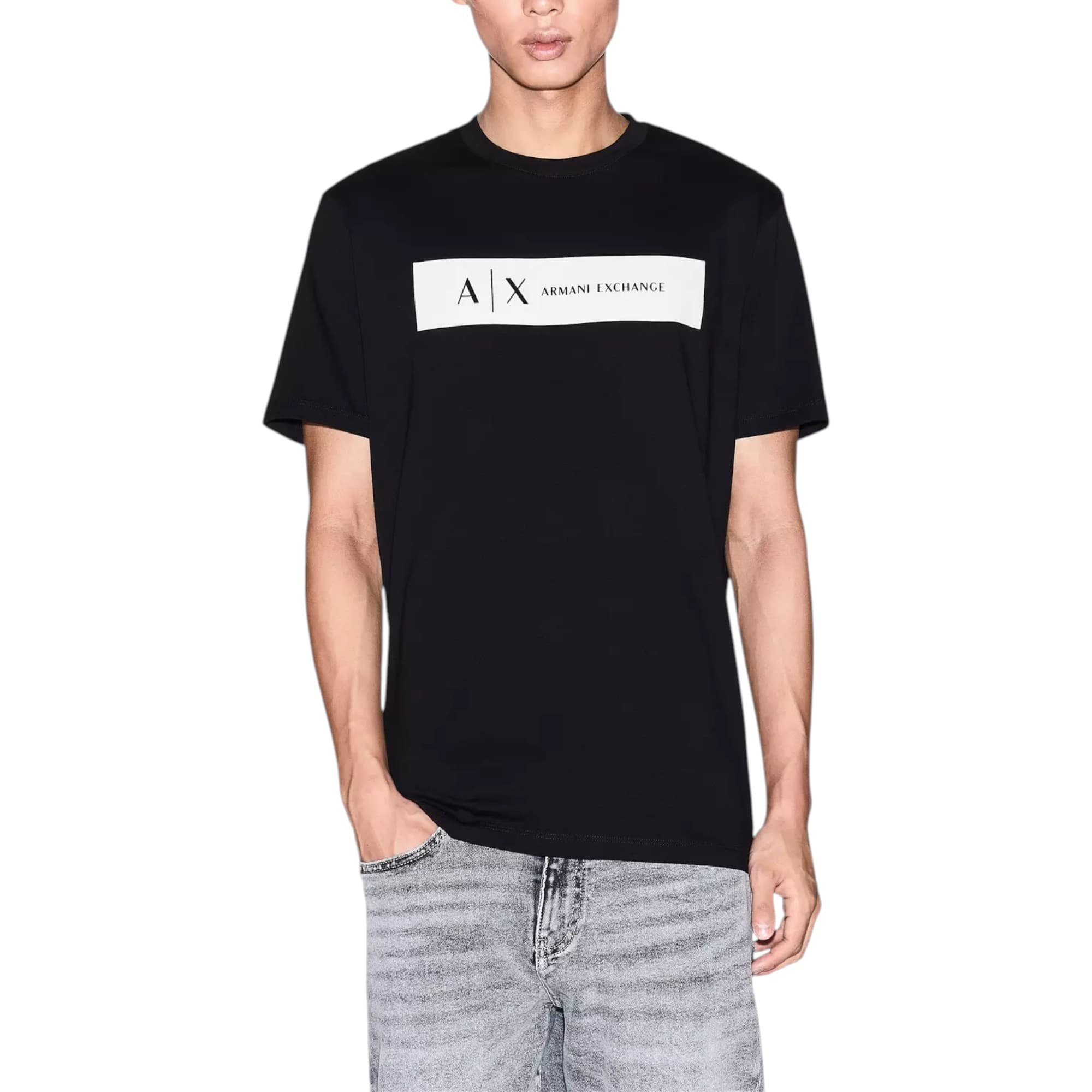 Armani Exchange men's black cotton T-shirt with central box logo print, front view