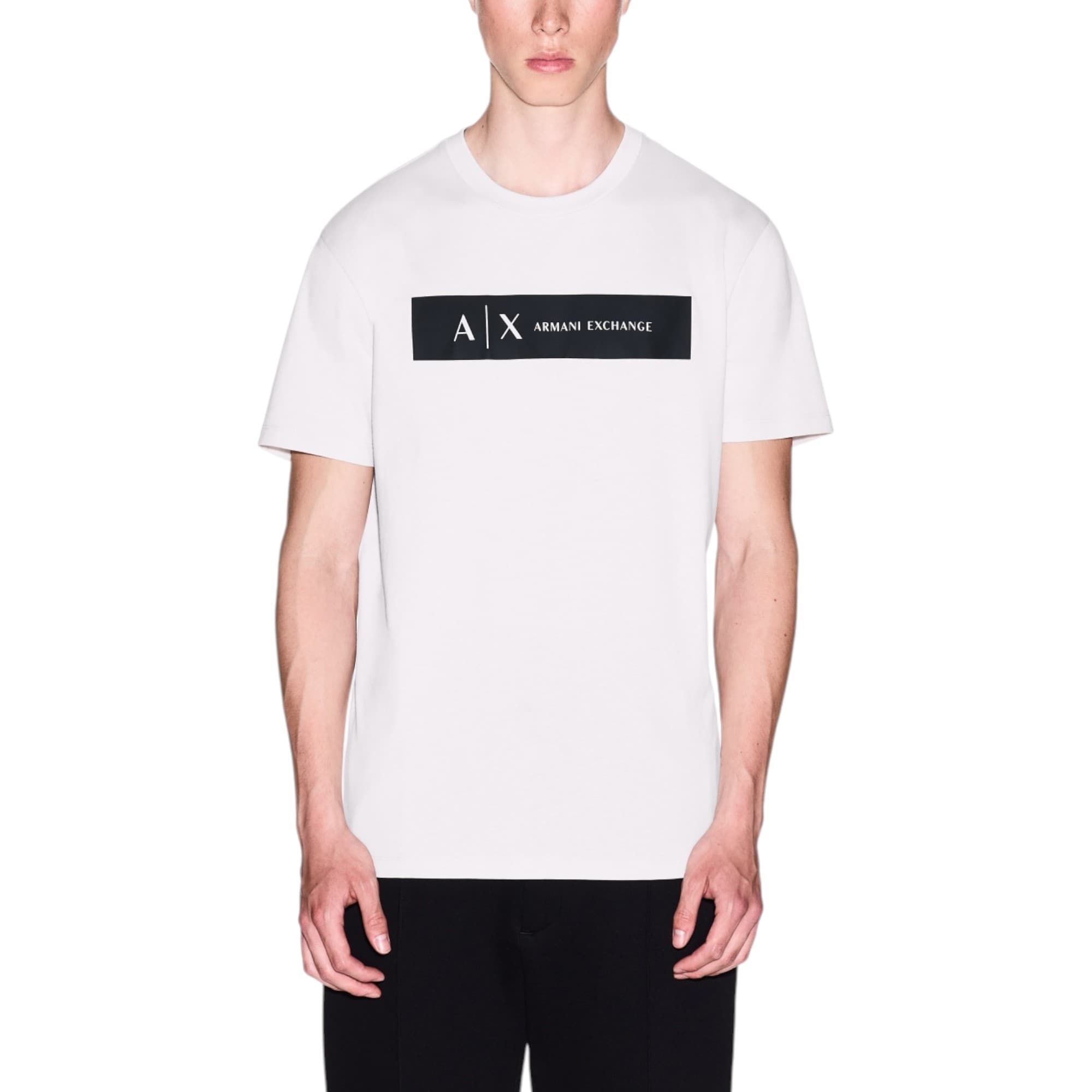 Armani Exchange white cotton T-shirt with box logo print, front view