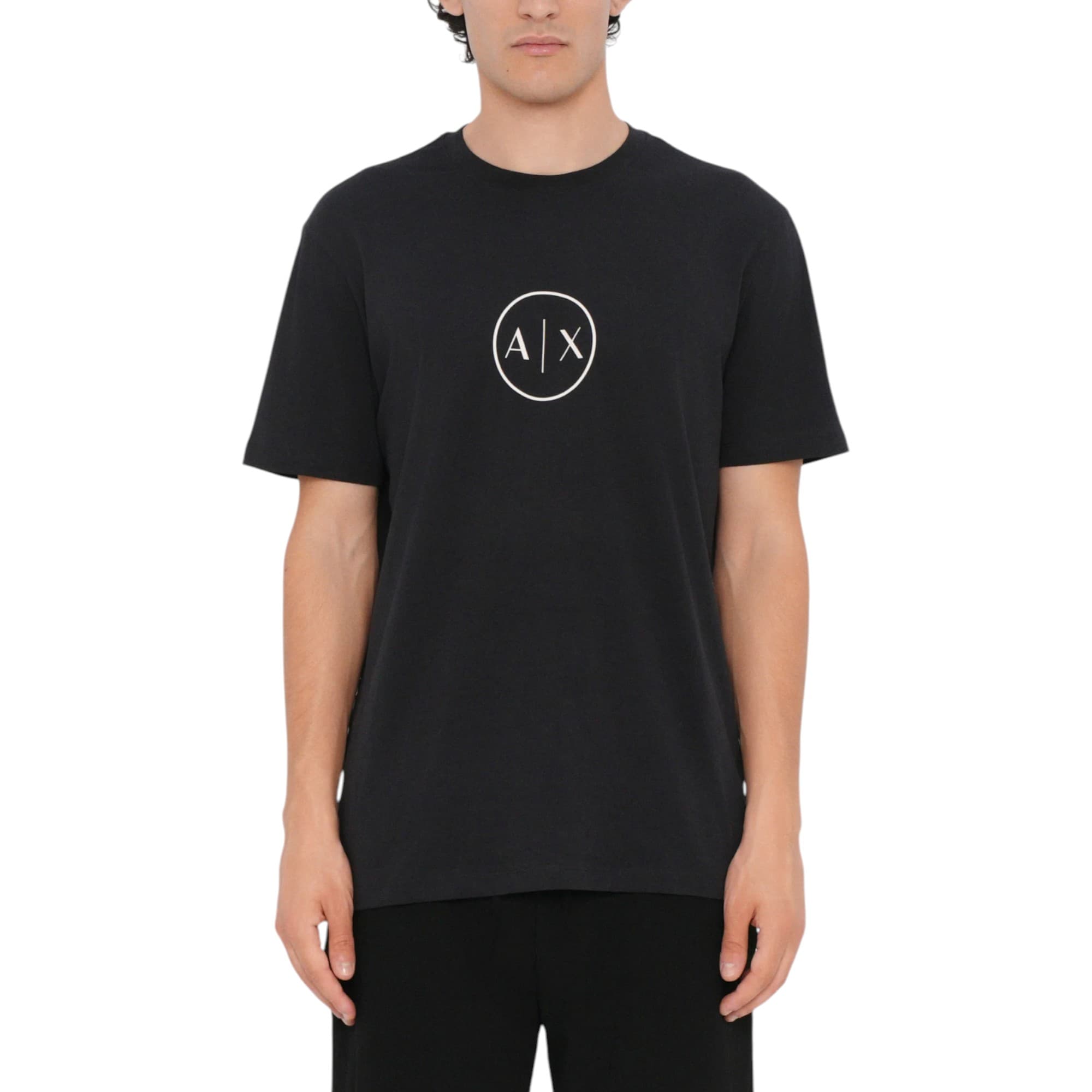Armani Exchange men's black cotton T-shirt with circled AX logo front view