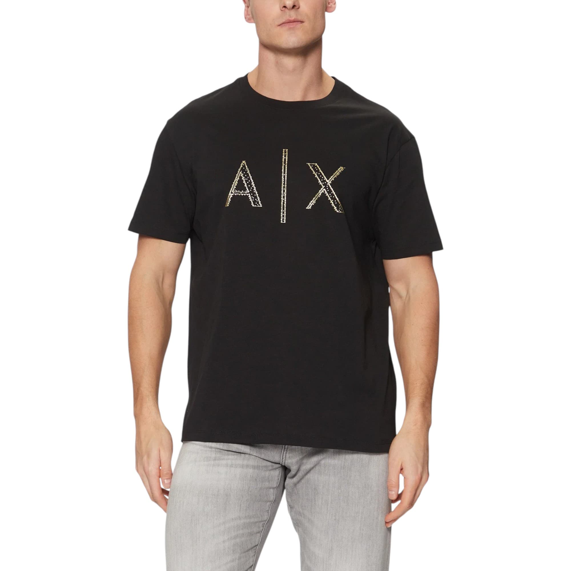 Armani Exchange black cotton t-shirt with golden A|X logo front view