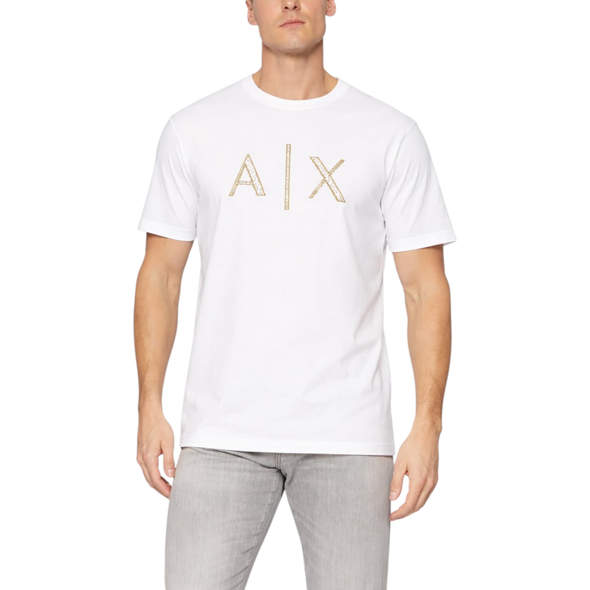 Armani Exchange white cotton t-shirt with golden A|X logo front view