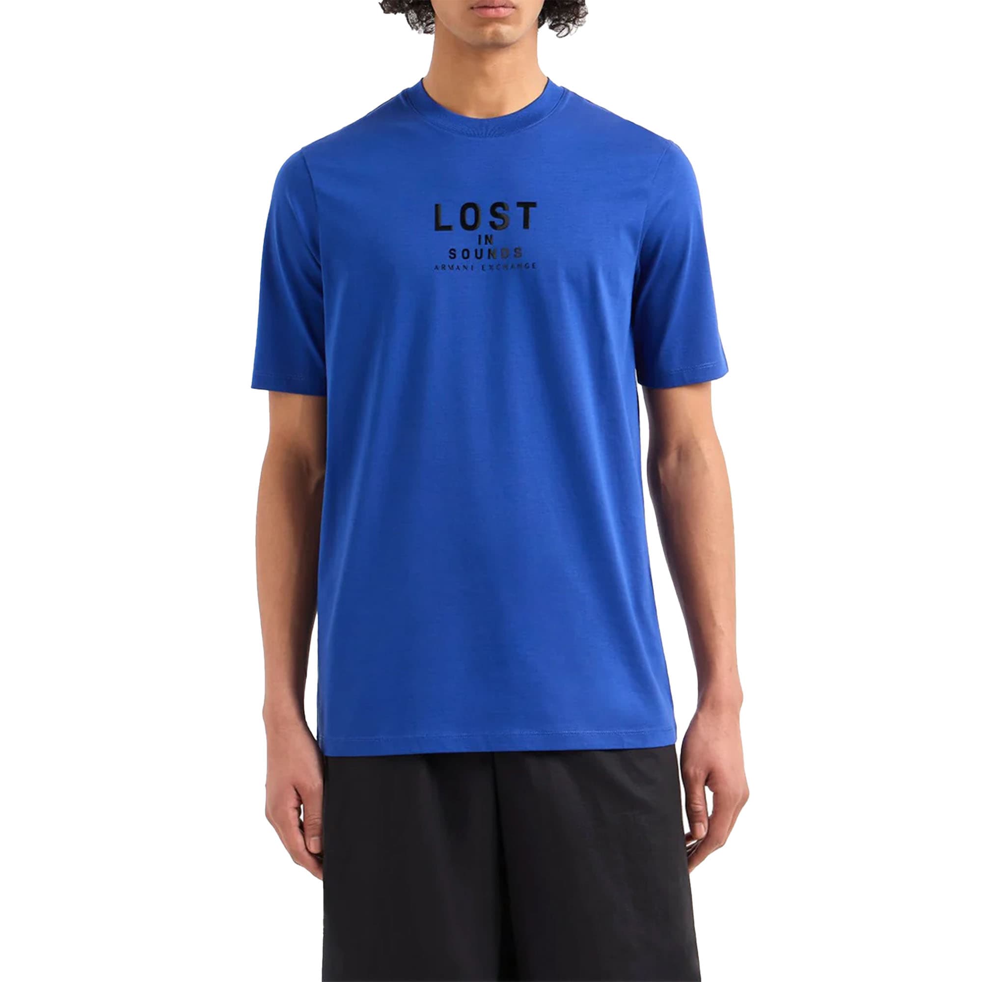 Armani Exchange men's dark blue cotton t-shirt front view with 'Lost in Sound' print