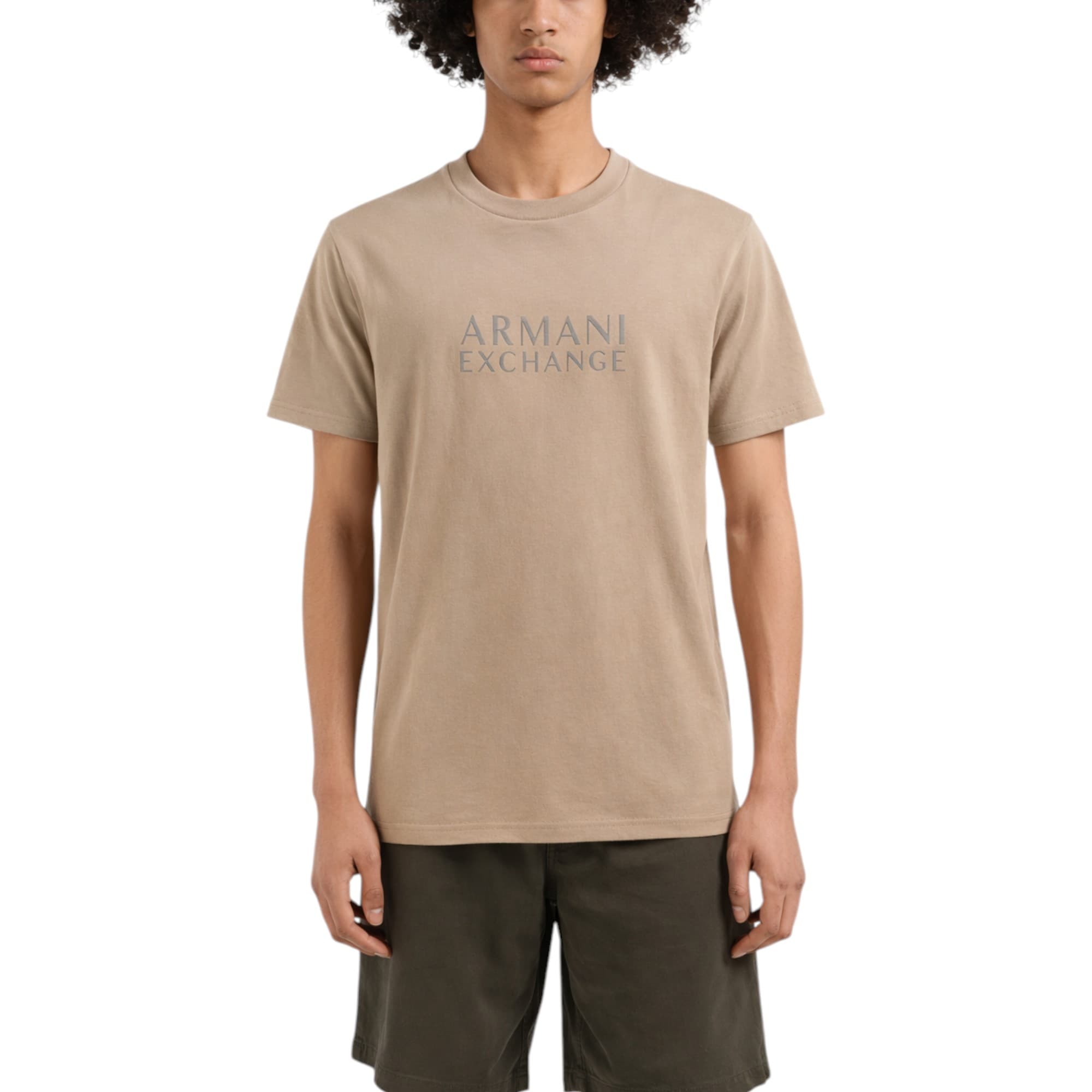 Armani Exchange men's brown cotton crew neck T-shirt with ASV logo print, front view