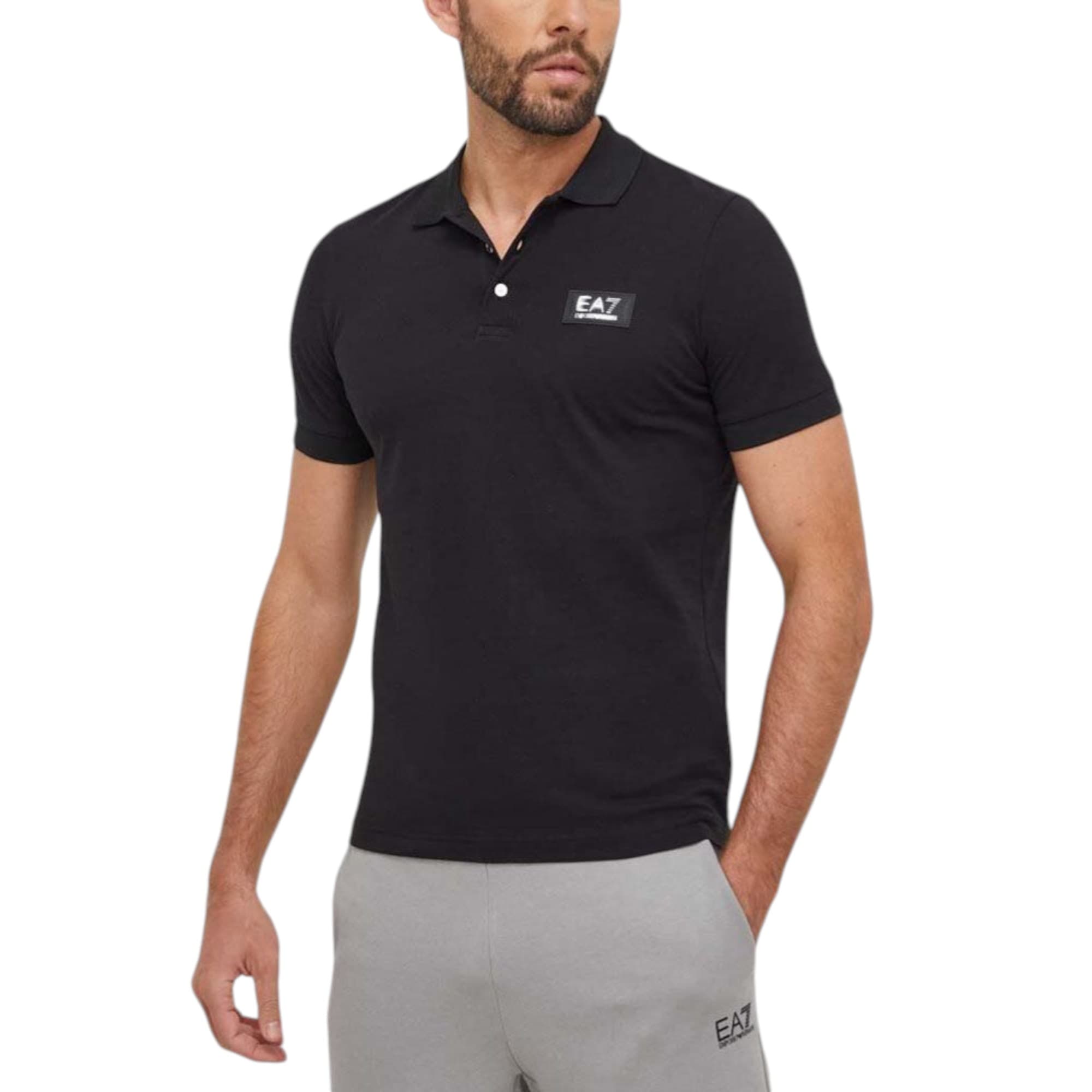 Armani EA7 men's black cotton polo shirt, front view with polo collar