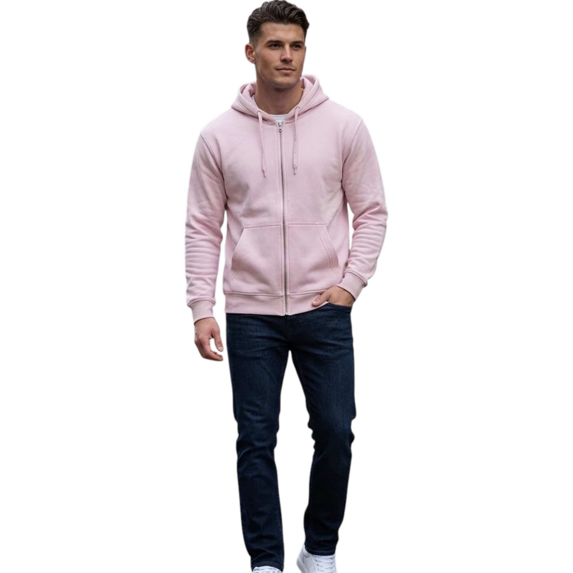 BAKARUDA mens full zip hoody in light pink with adjustable drawcord hood, front view