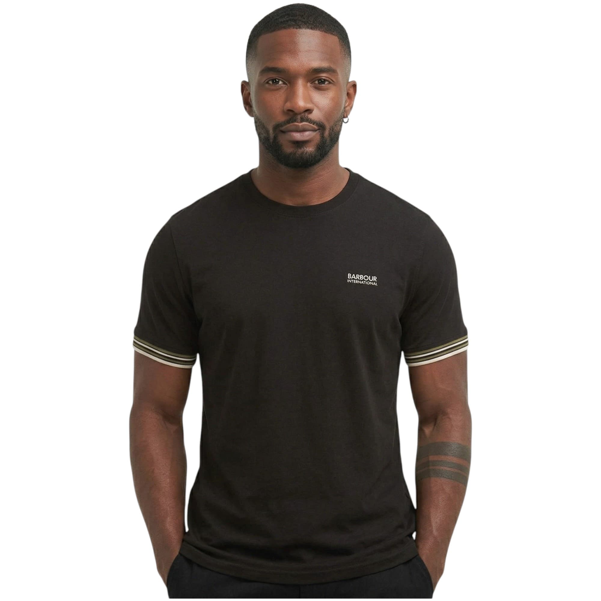Barbour B.Intl Burnwood black mens T-shirt with embroidered chest logo, front view