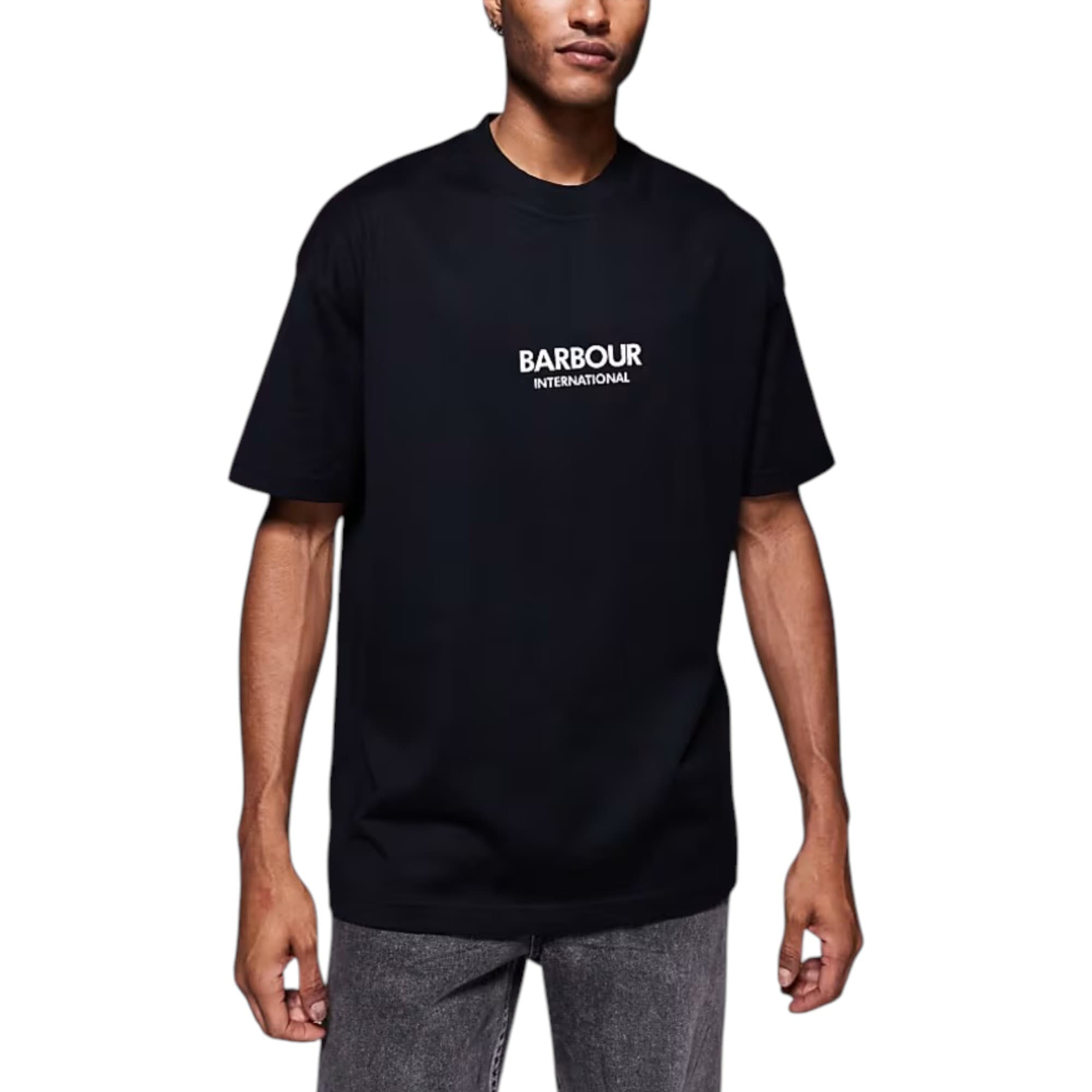 Barbour mens black cotton t-shirt with embossed International logo, front view