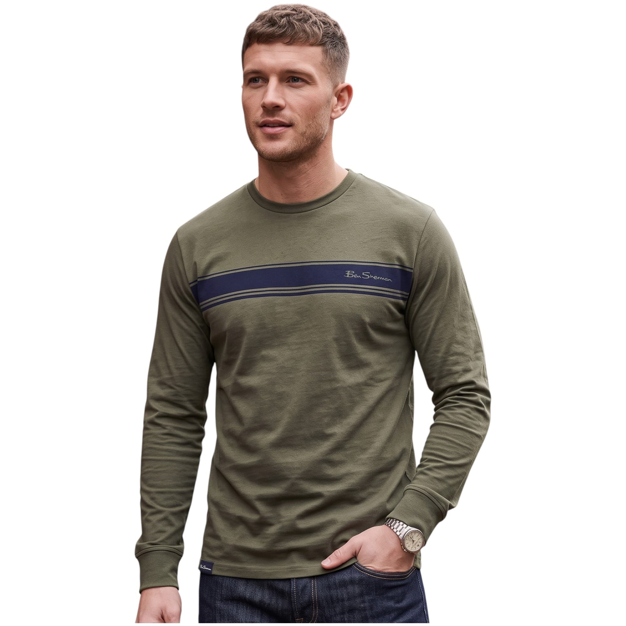 Ben Sherman dark green long sleeve t-shirt front view with crew neck and branding