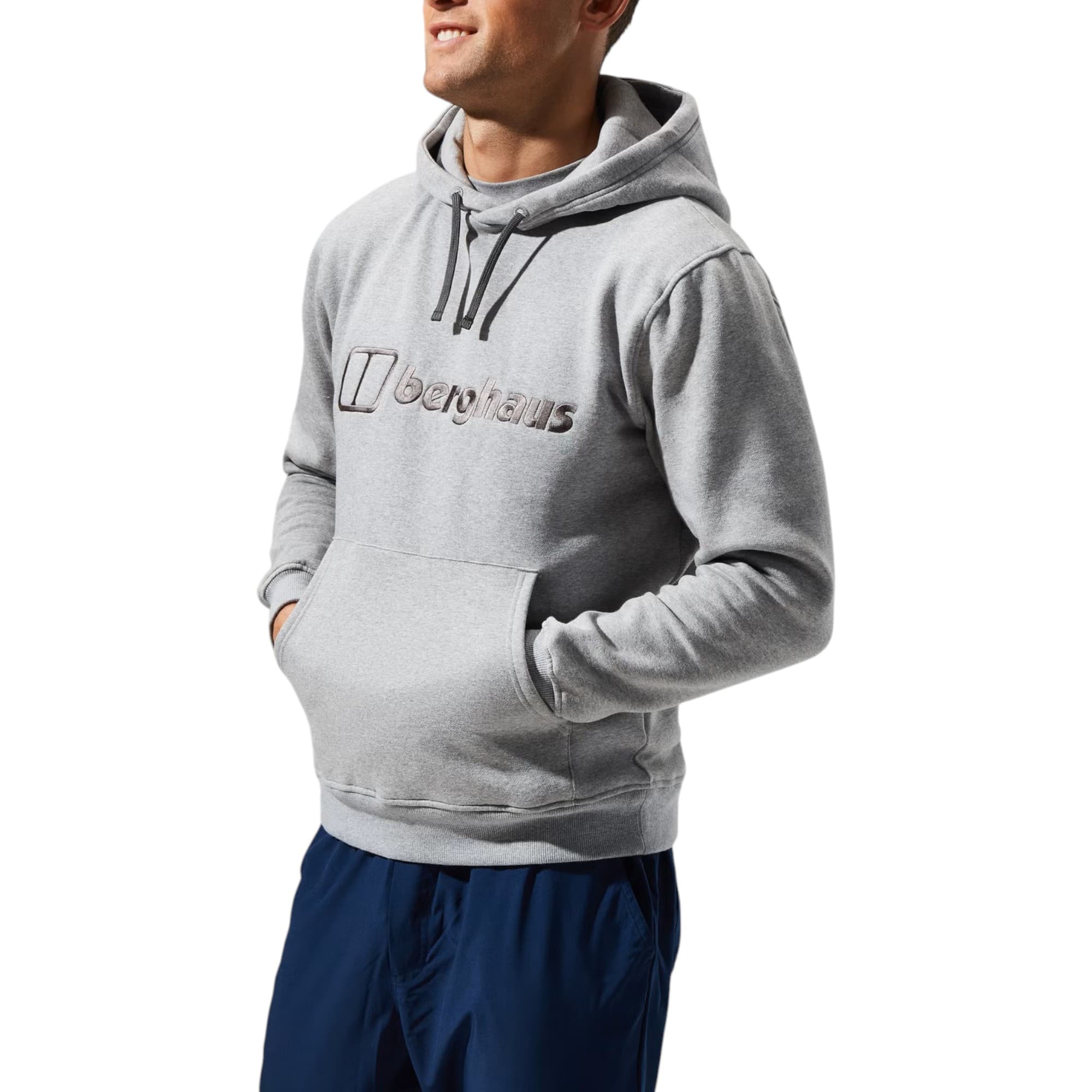 Berghaus mens grey hoodie regular fit front view with kangaroo pocket