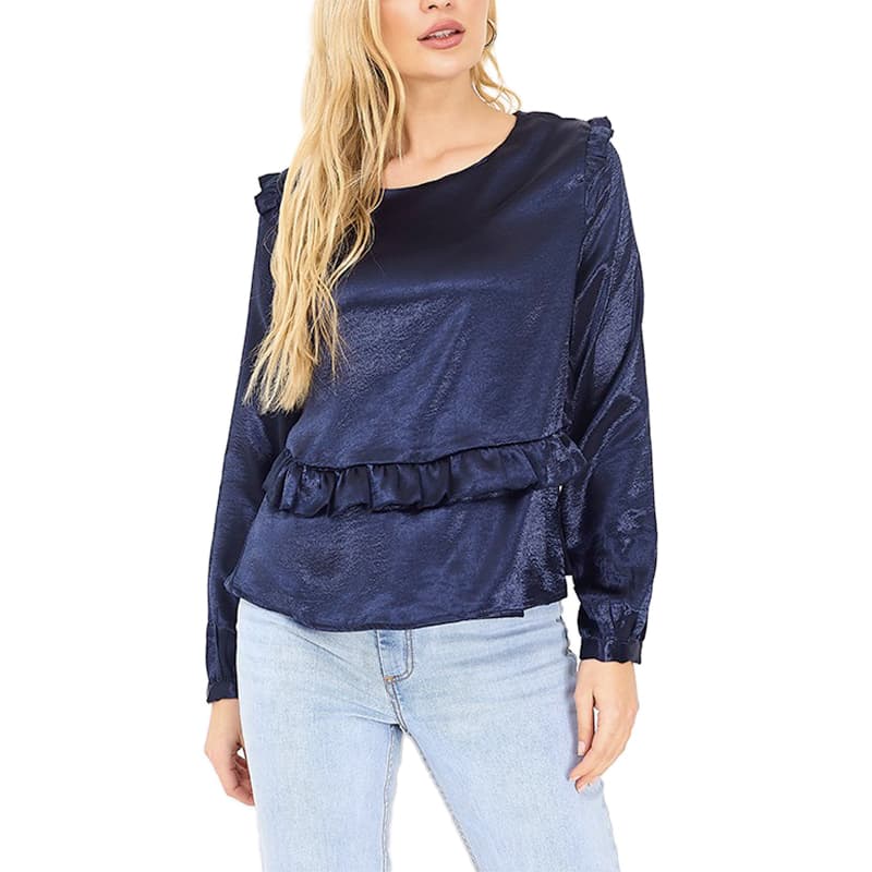 Brave Soul navy crushed satin frill blouse front view