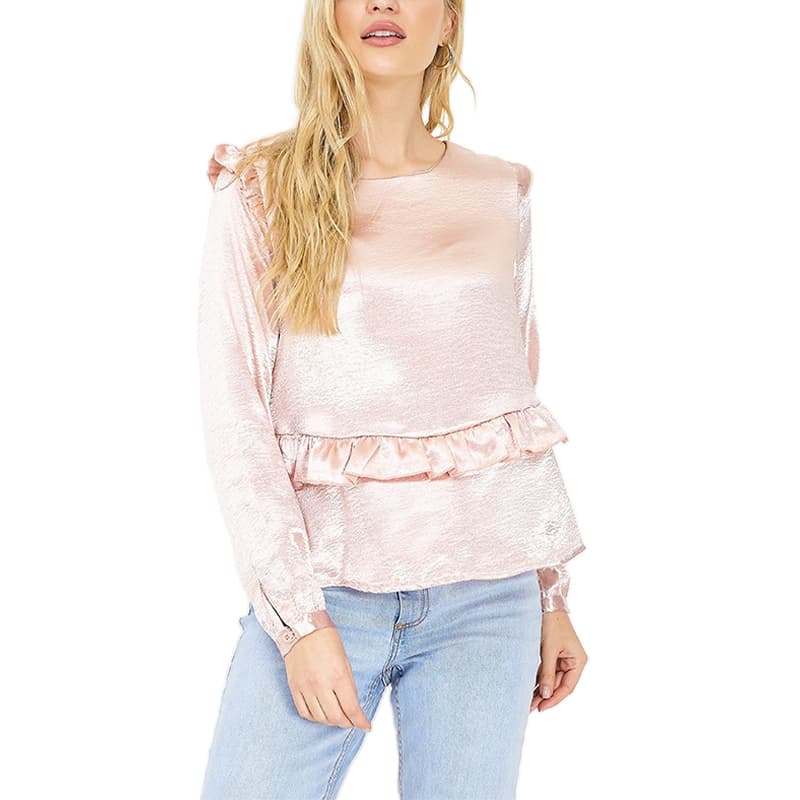 Brave Soul women's pink crushed satin frill top, front view with long sleeves and button fastening