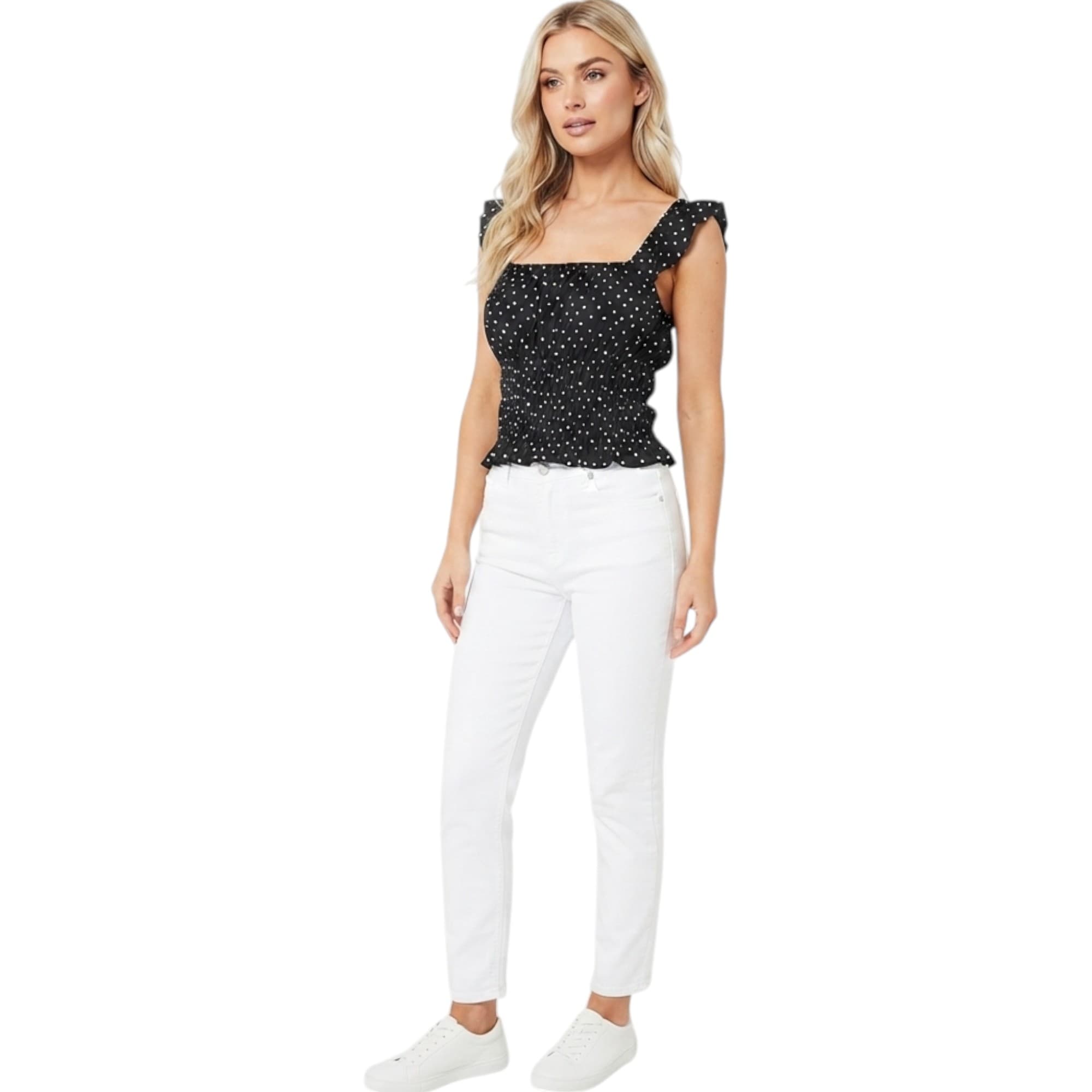 Brave Soul women's black vest crop with white dot pattern, front view