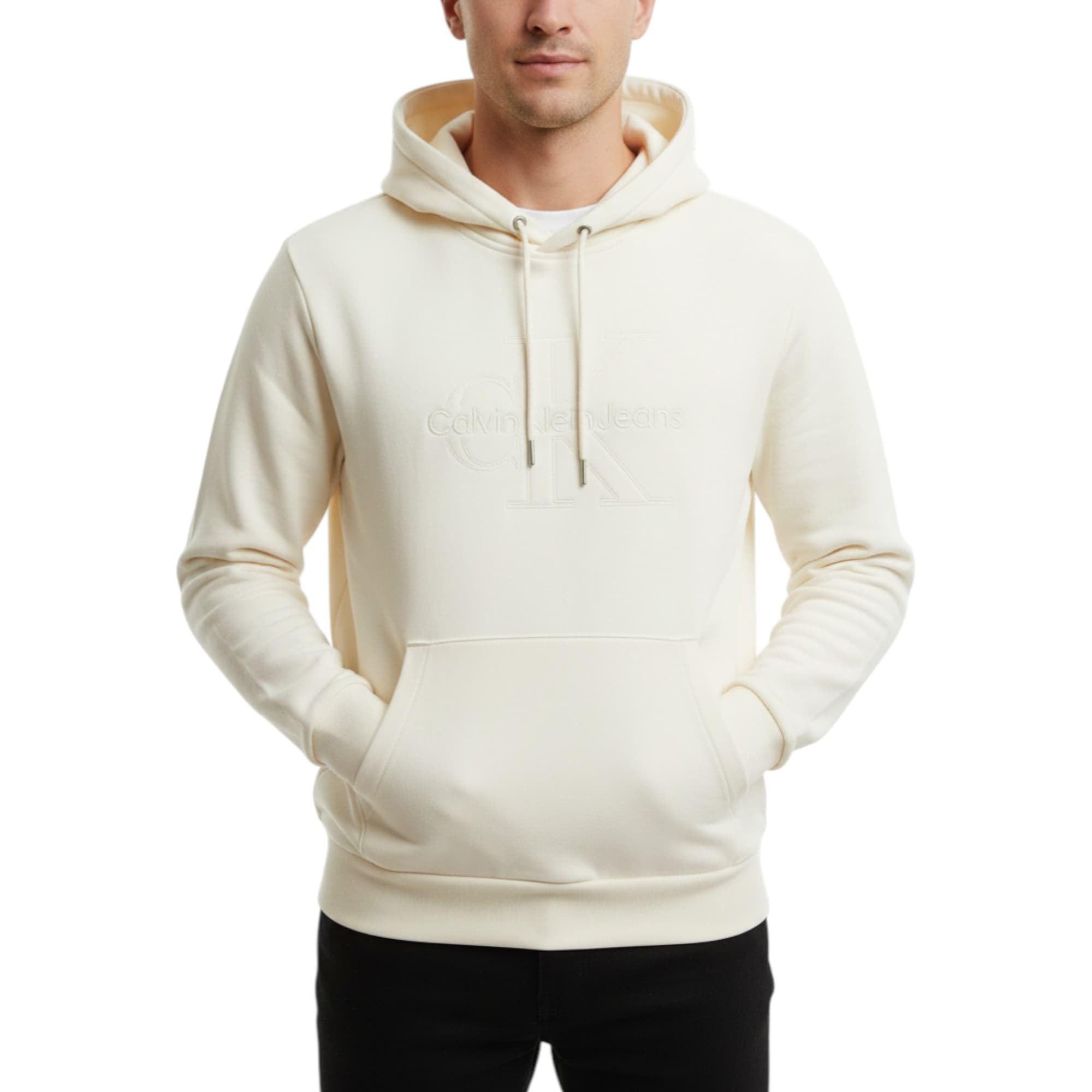 Calvin Klein men's off-white cotton hoodie with CK monogram front view