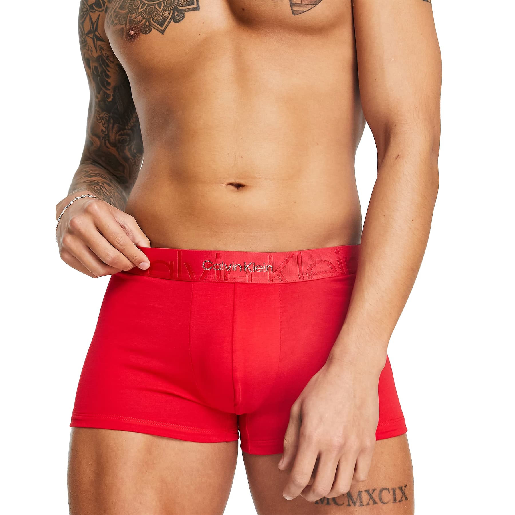 Calvin Klein red mens boxer trunks front view with embossed icon logo