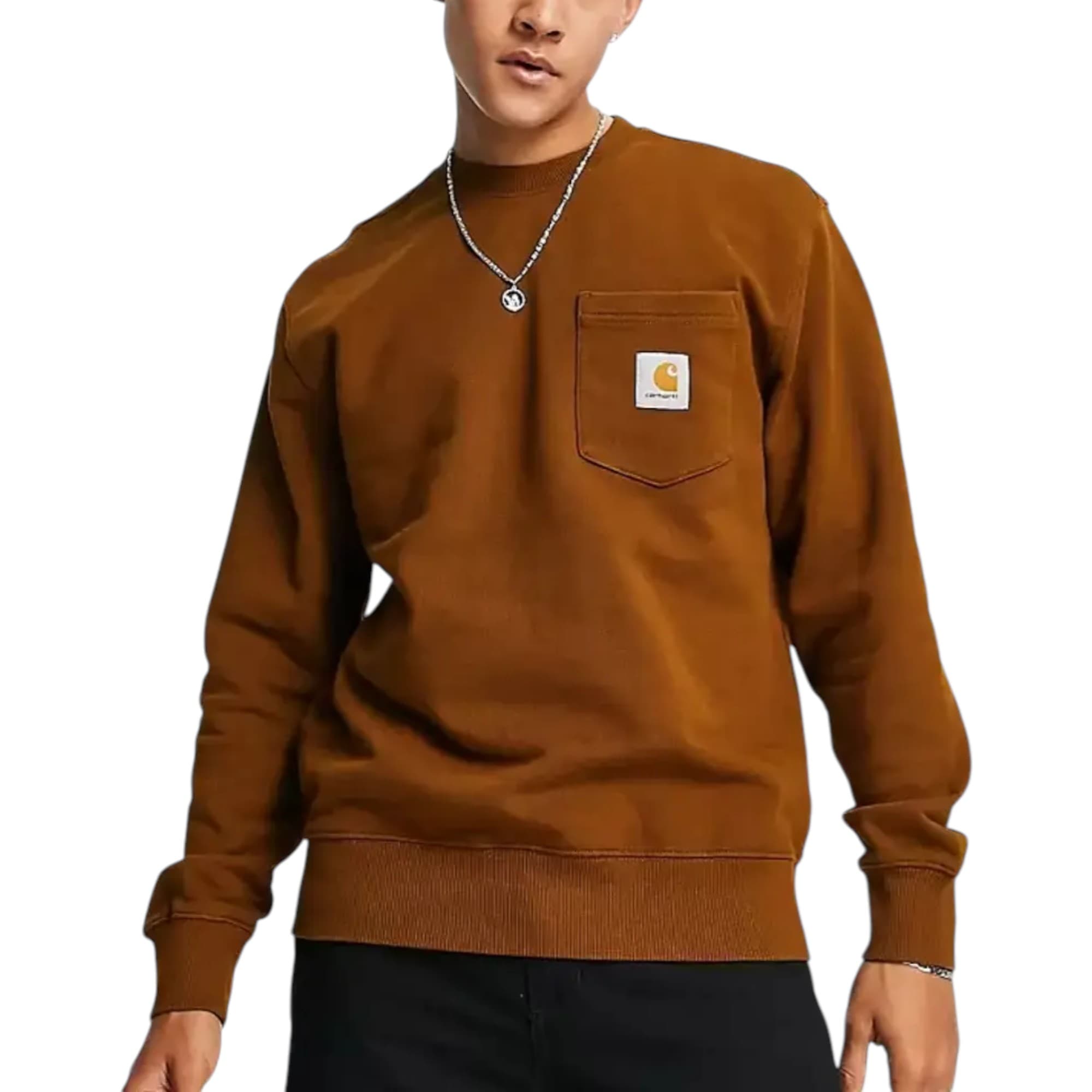 Carhartt WIP mens terracotta sweatshirt front view with chest logo pocket