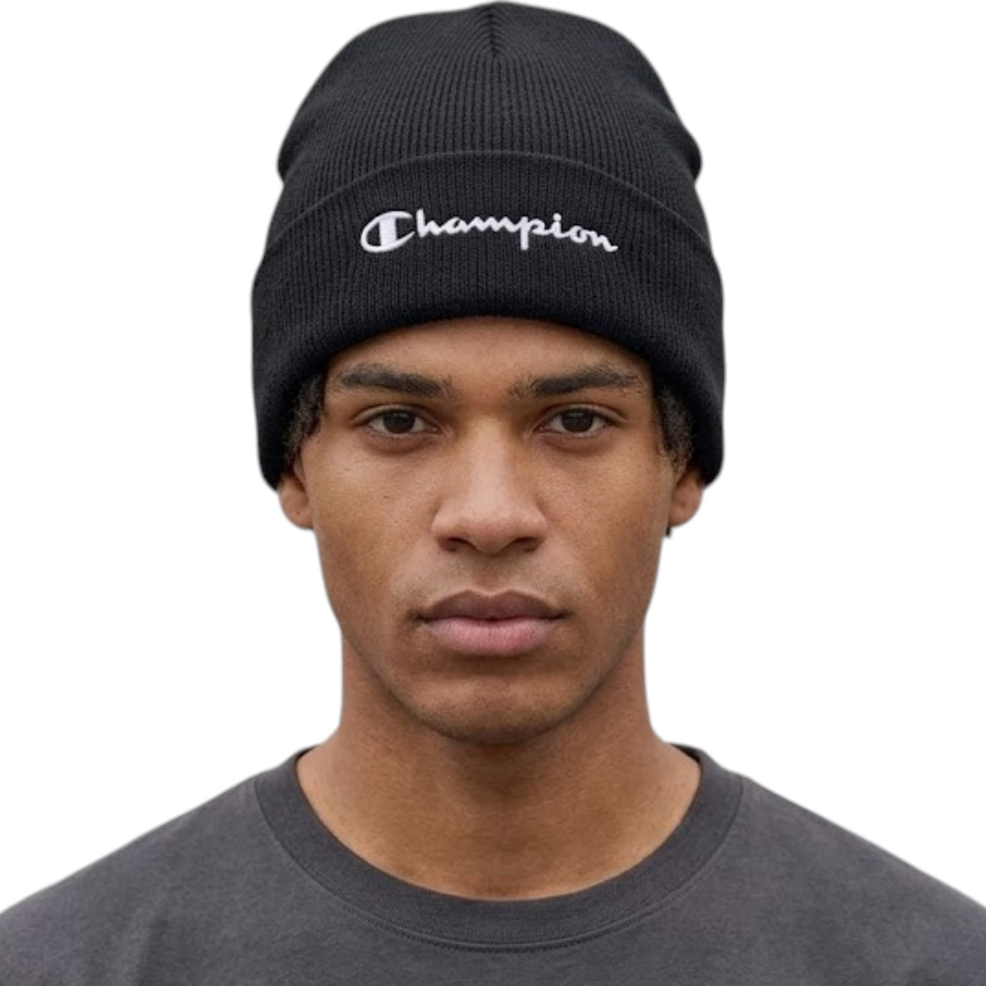 Champion 805668 black beanie hat front view with embroidered logo