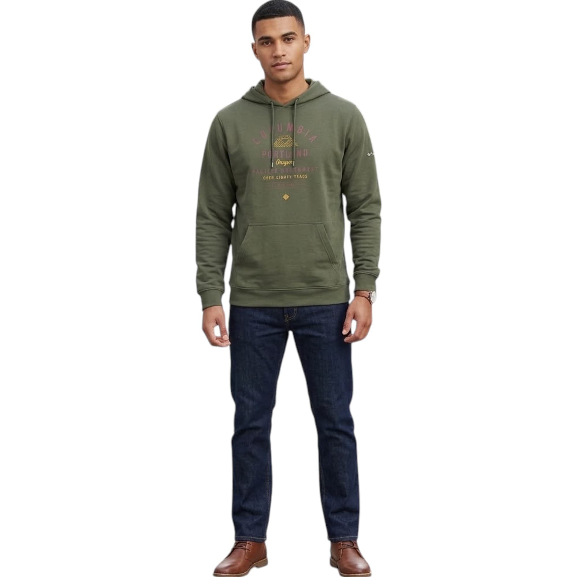 Columbia men's regular fit pullover hoodie in olive, front view