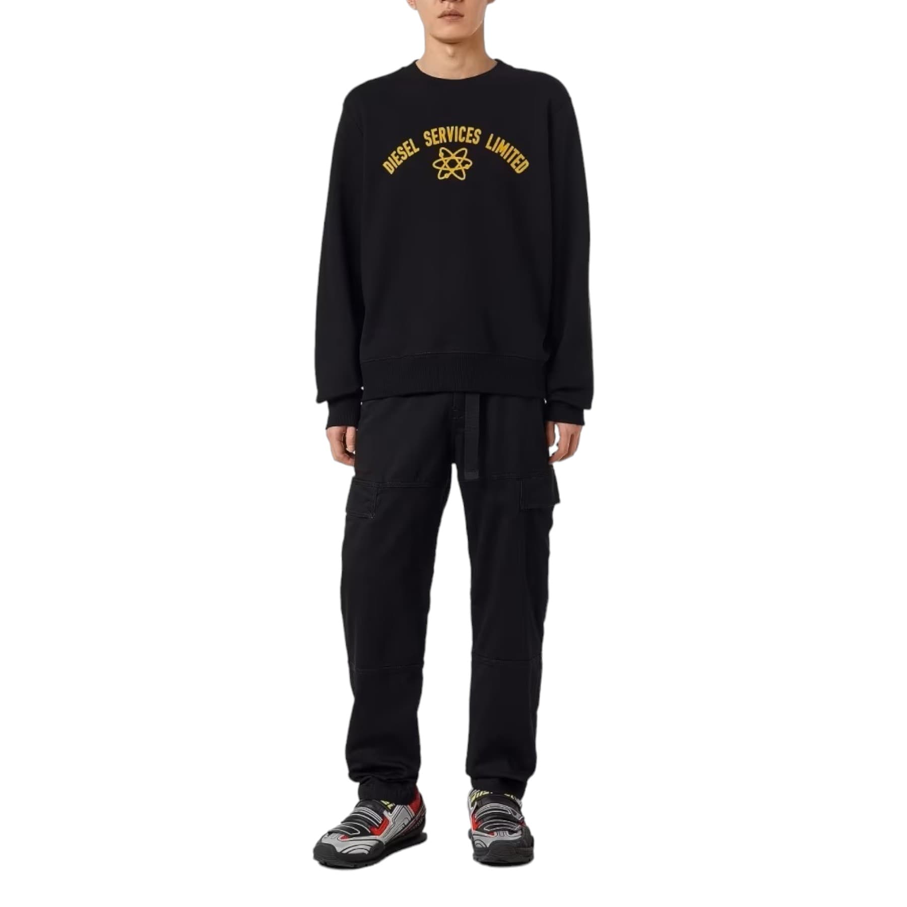 Diesel D-Krooley black cargo trousers with tapered leg, front view