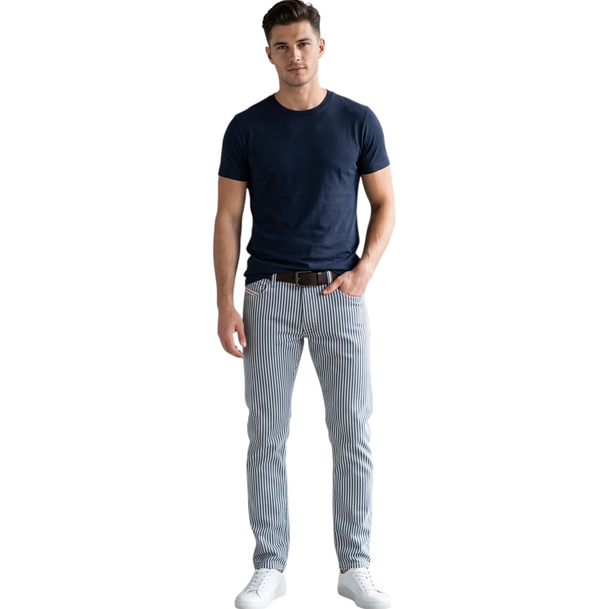 Diesel Krooley mens jeans front view, black and white stripe regular slim carrot fit