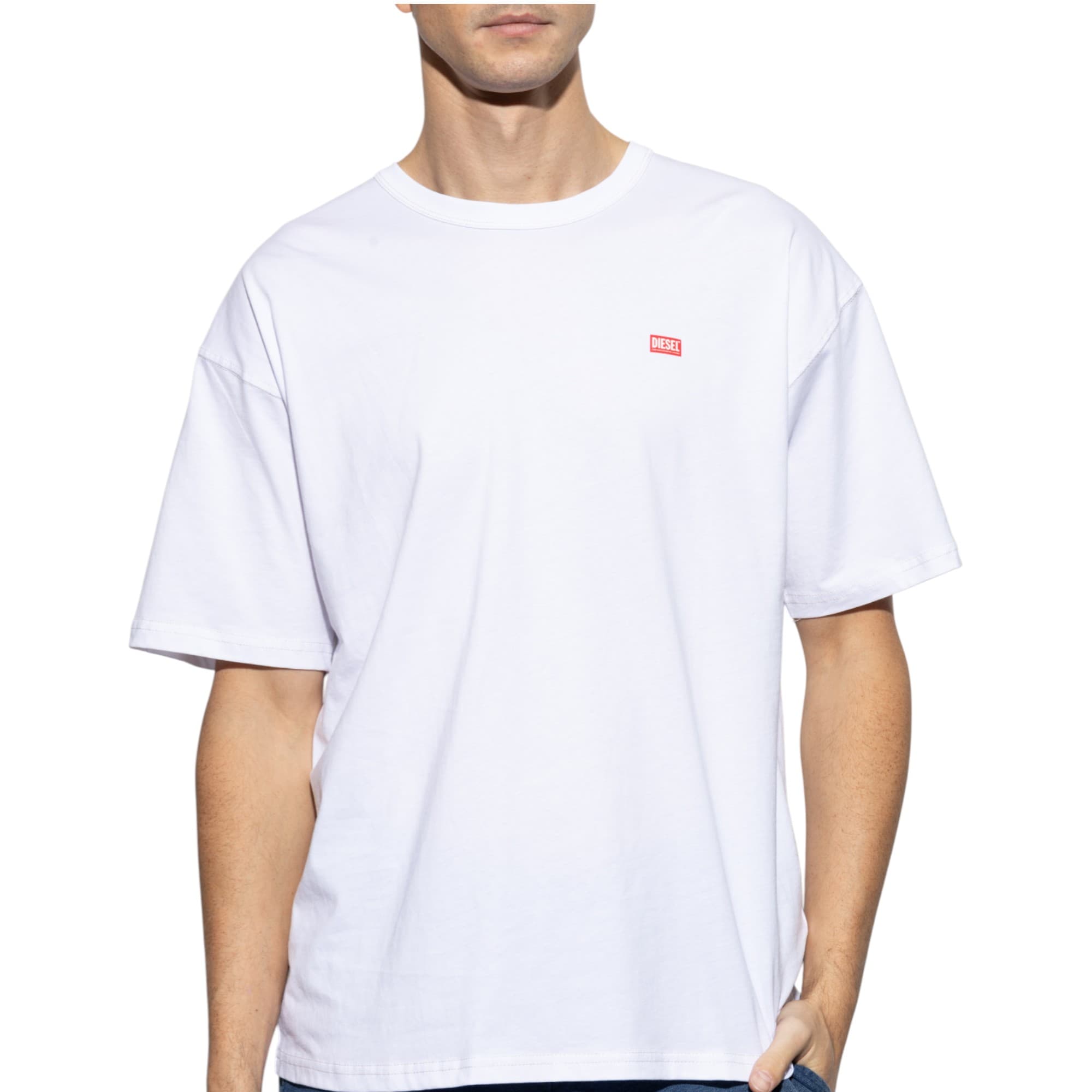 Diesel T-Boxt-R30 white men's T-shirt front view with red logo embroidery