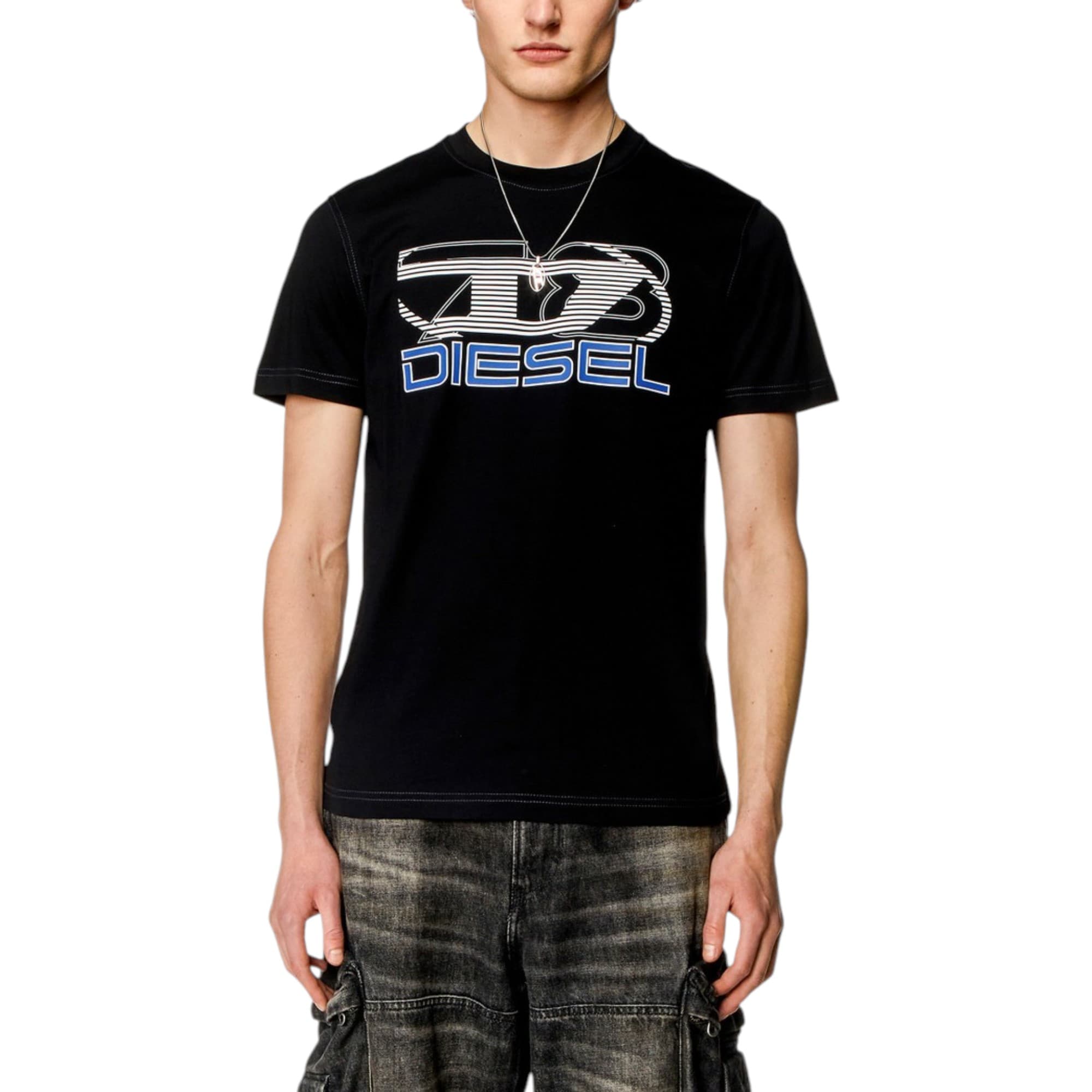 Diesel men's black cotton t-shirt with DSL 78 Denim digital print logo, front view