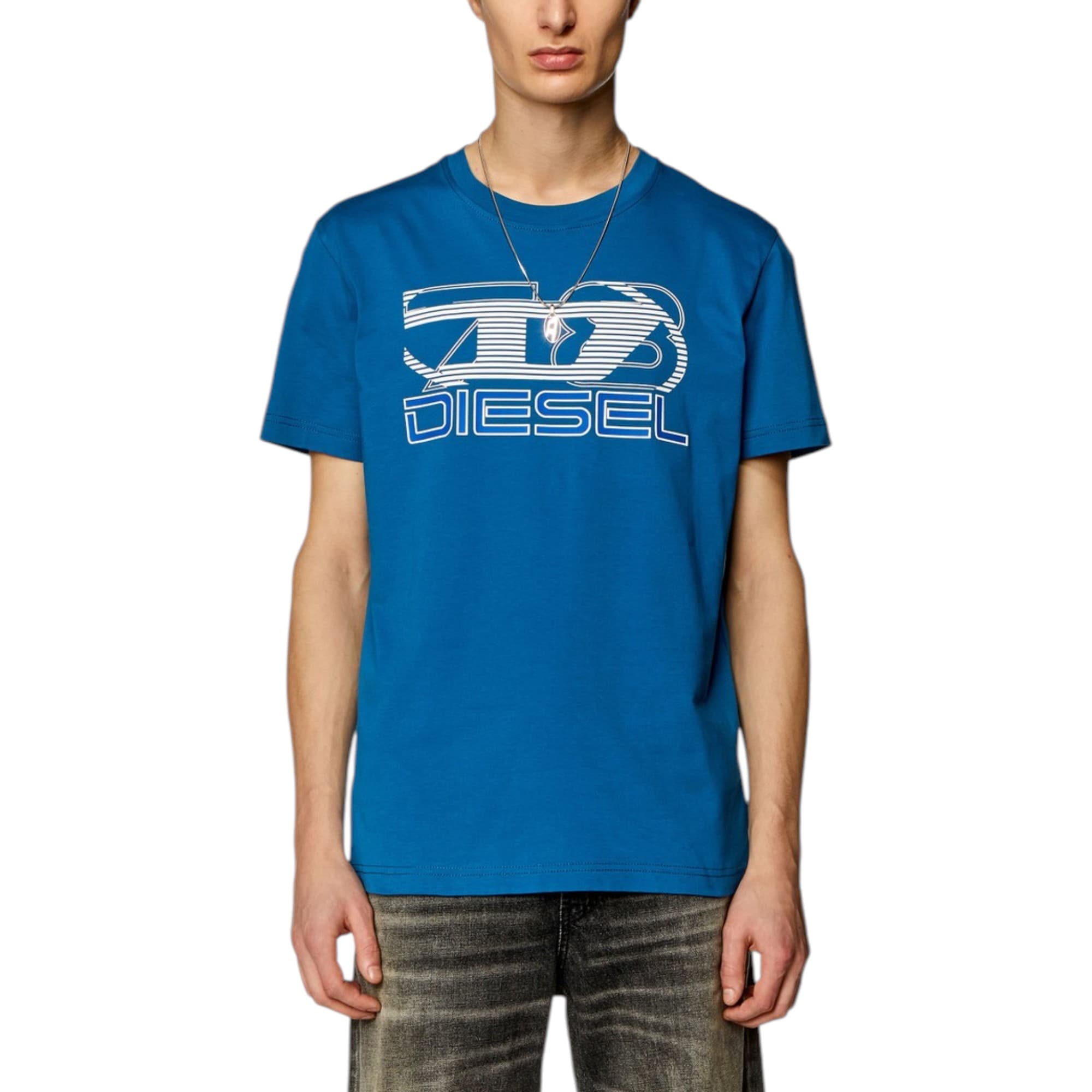Diesel Men's T-Diegor-K74 teal blue cotton crew neck tee with DSL 78 Denim graphic print, front view
