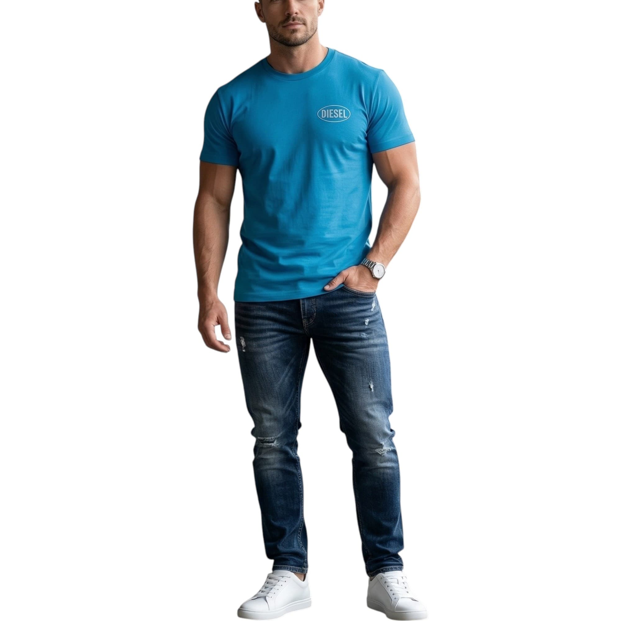 Diesel T-Adjust-V9 men's T-shirt front view in Teal Blue with oval logo