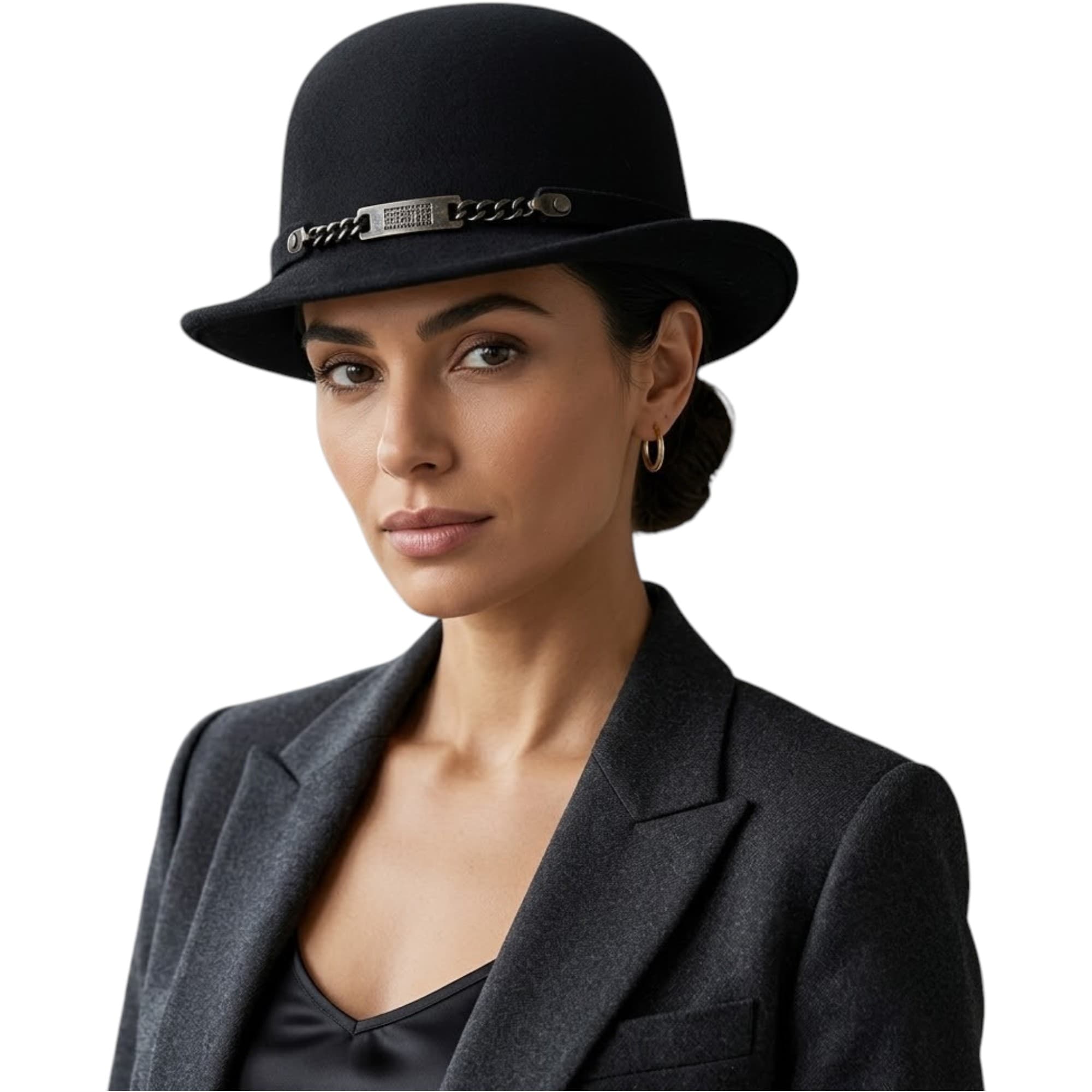 Diesel Cabib black wool cloche hat front view with metal logo detail