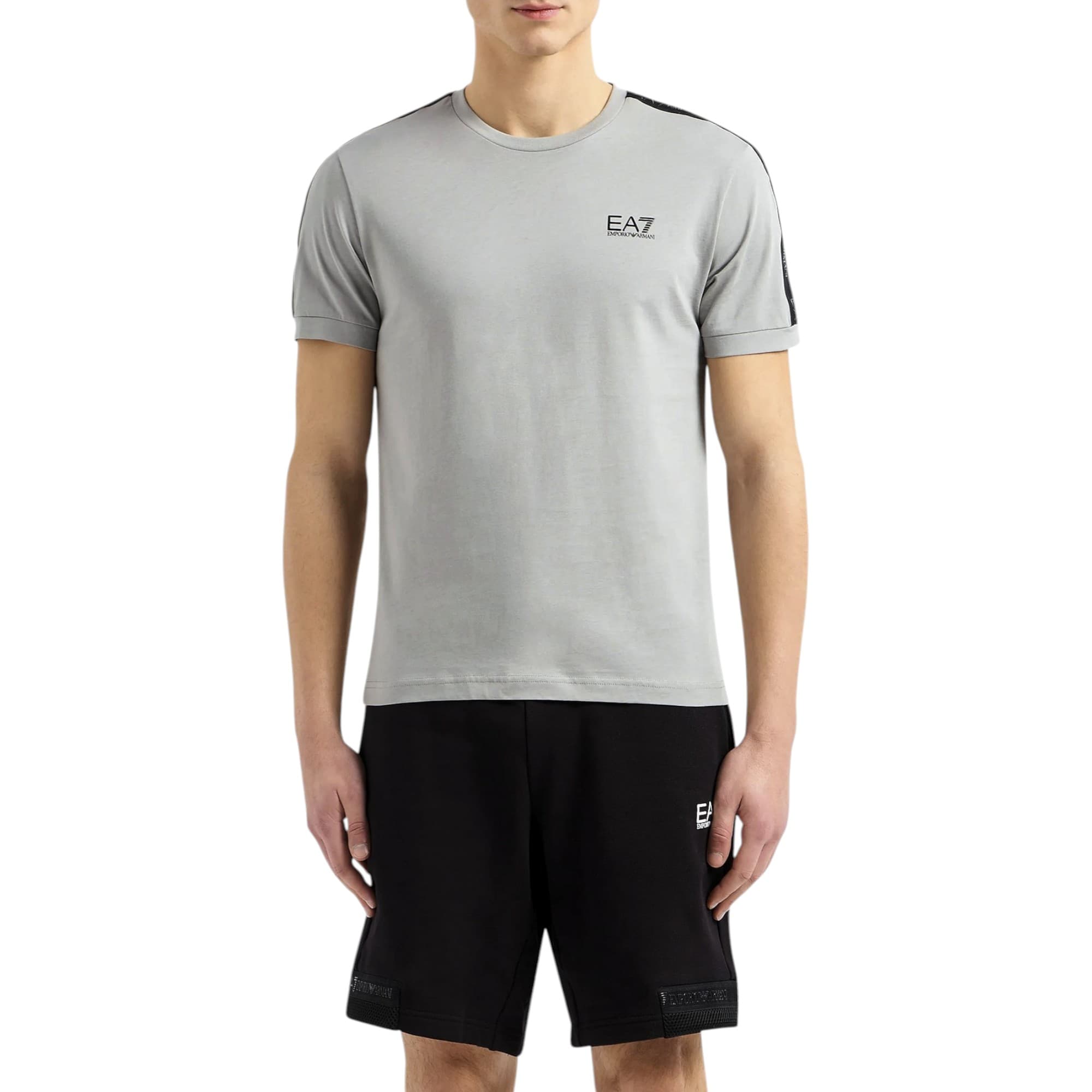 Emporio Armani EA7 grey cotton t-shirt with mesh tape logo sleeves, front view
