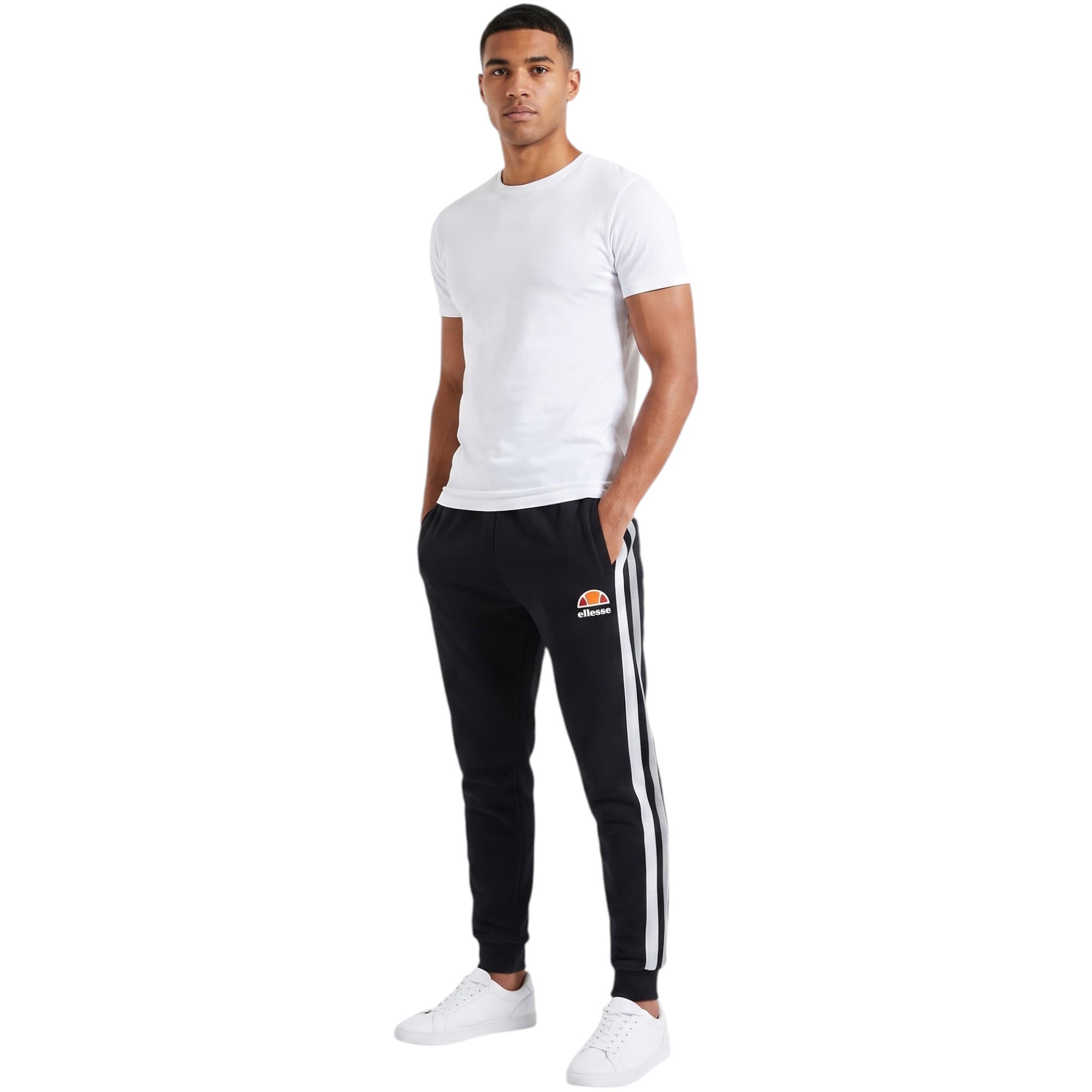 ELLESSE mens black joggers front view with rubberised logo branding