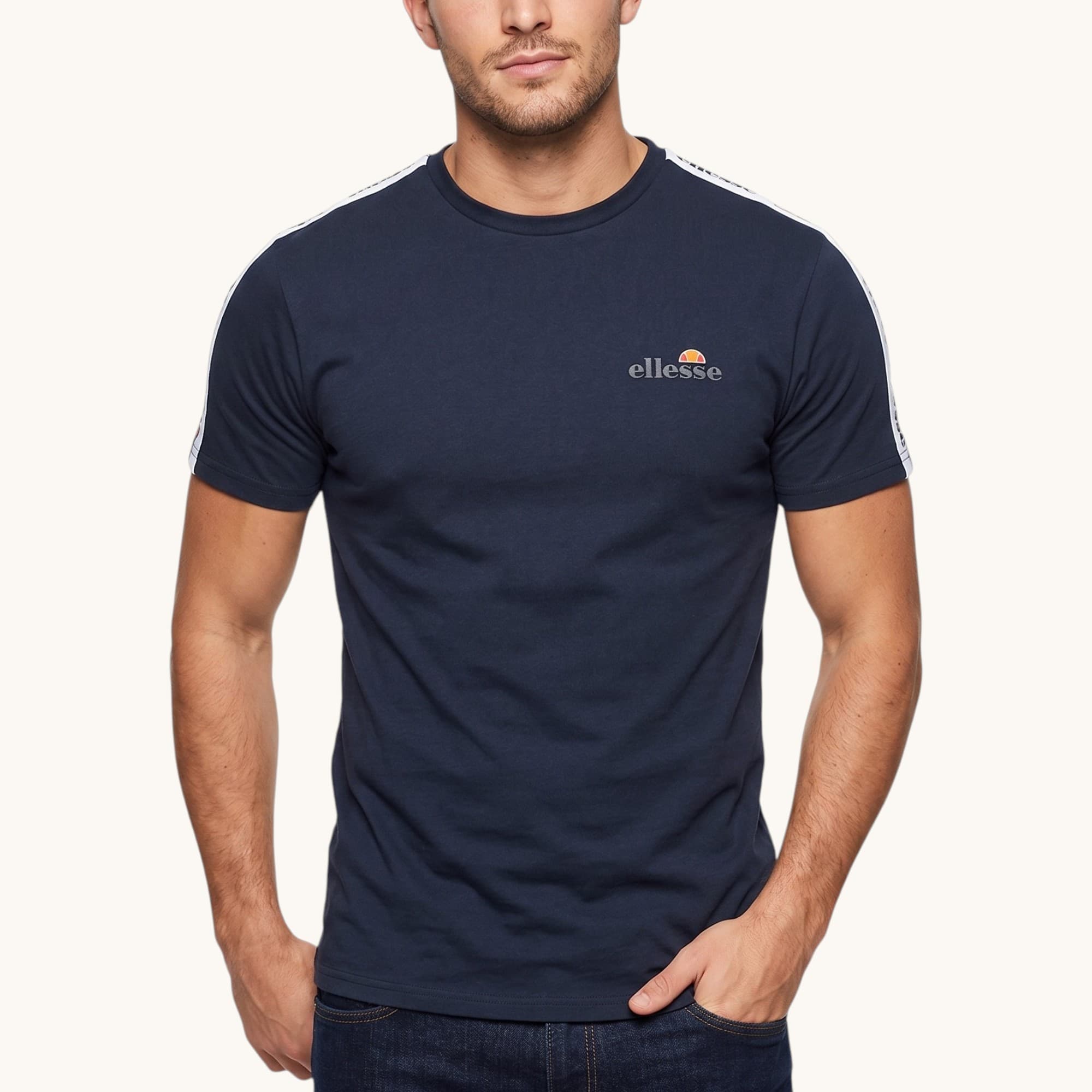 Ellesse men's black cotton t-shirt front view with printed logo