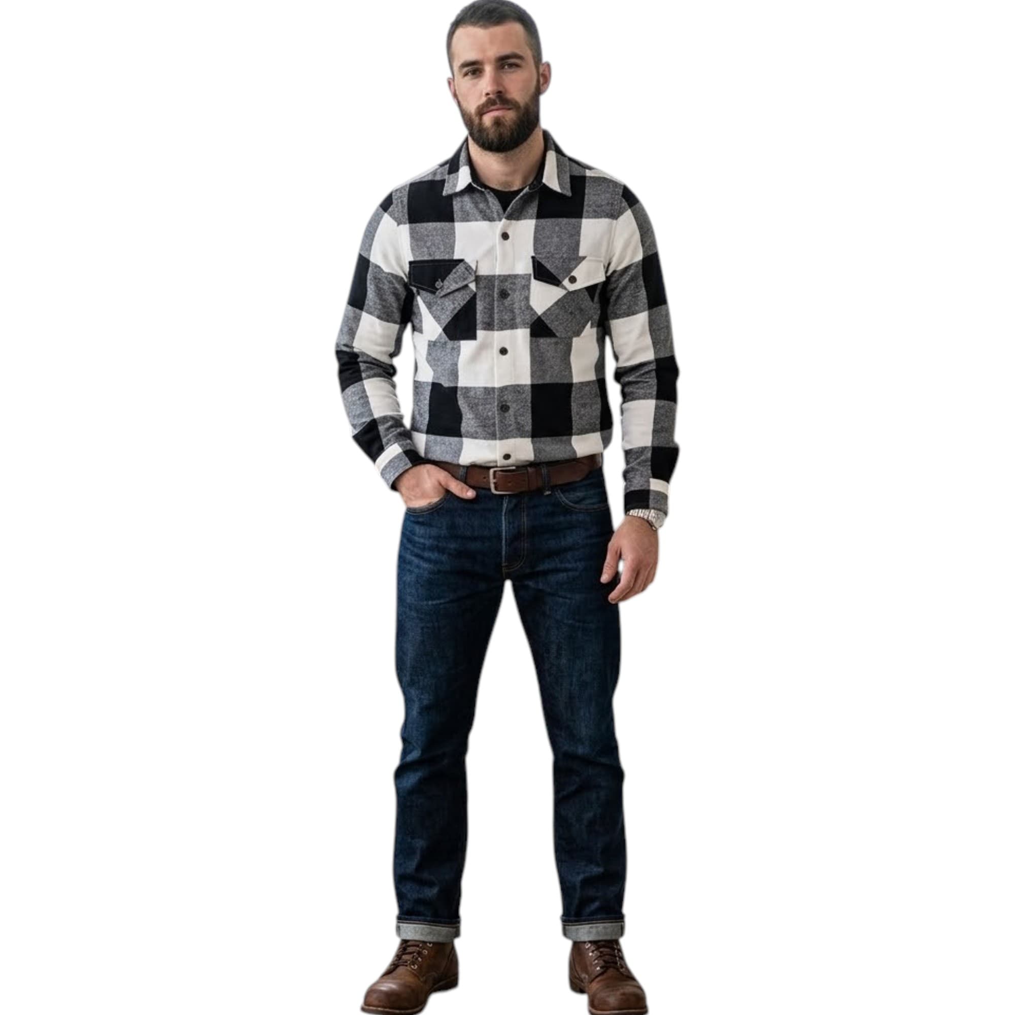 Euroclips men's black-white check long sleeve shirt, front view