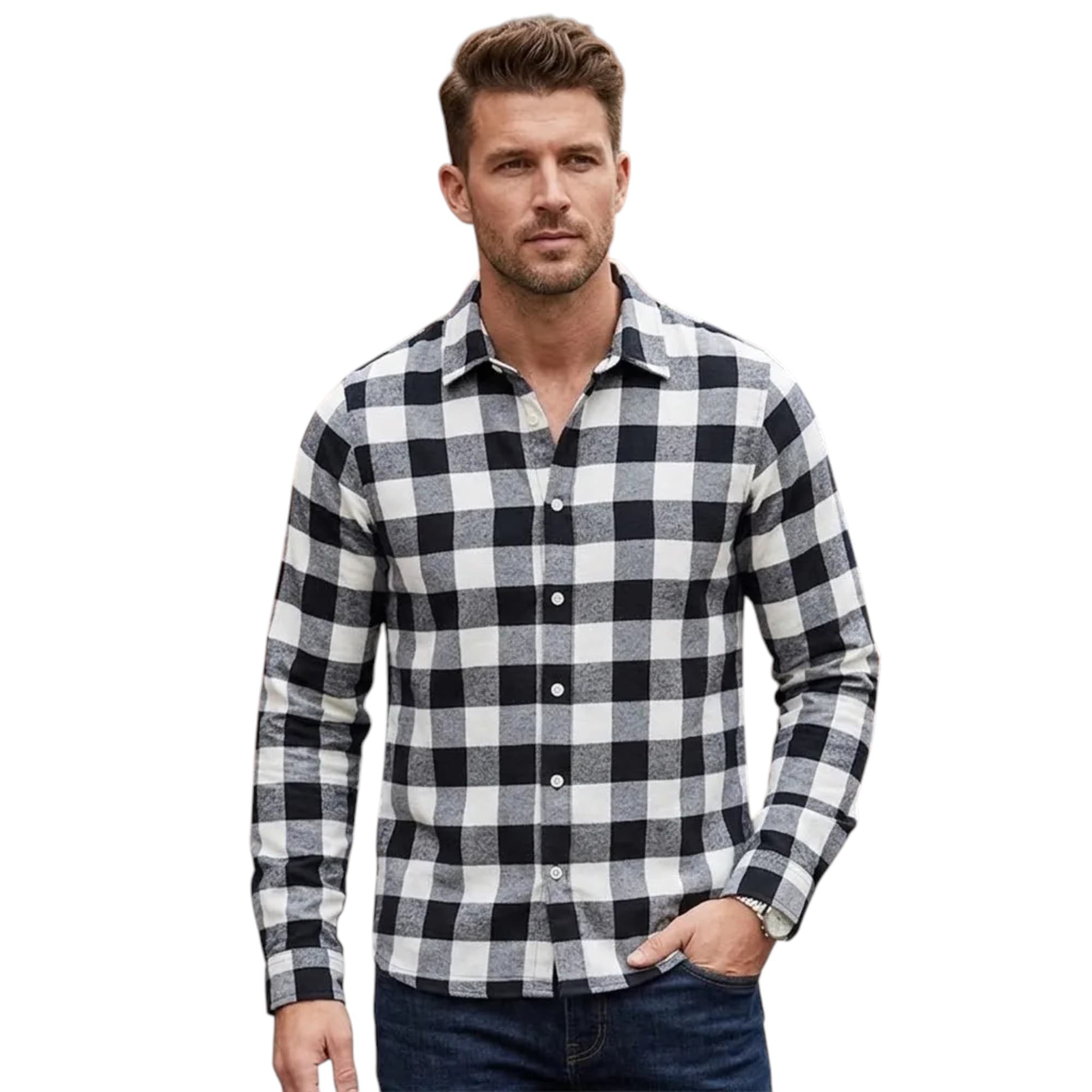 Euroclips men's black and white chess check cotton shirt, front view