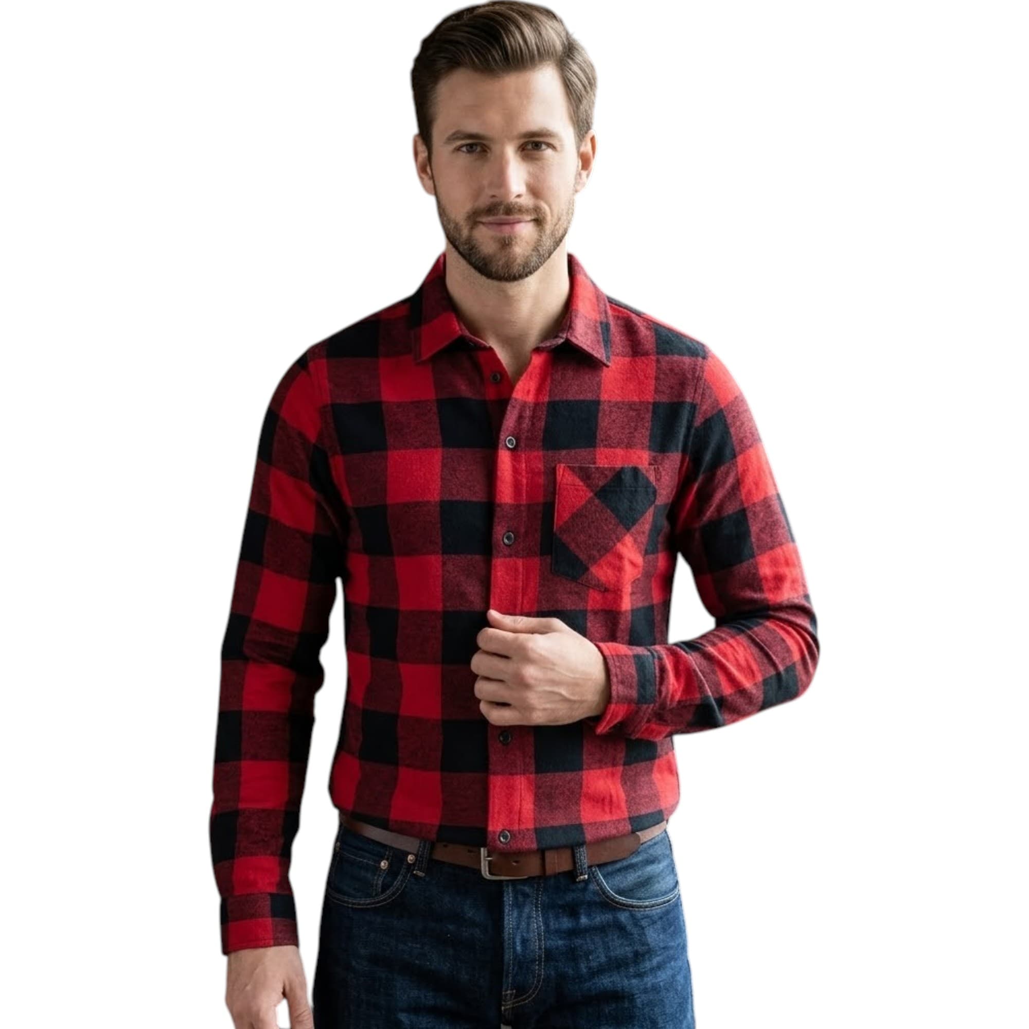 Euroclips mens red and black cotton check shirt front view