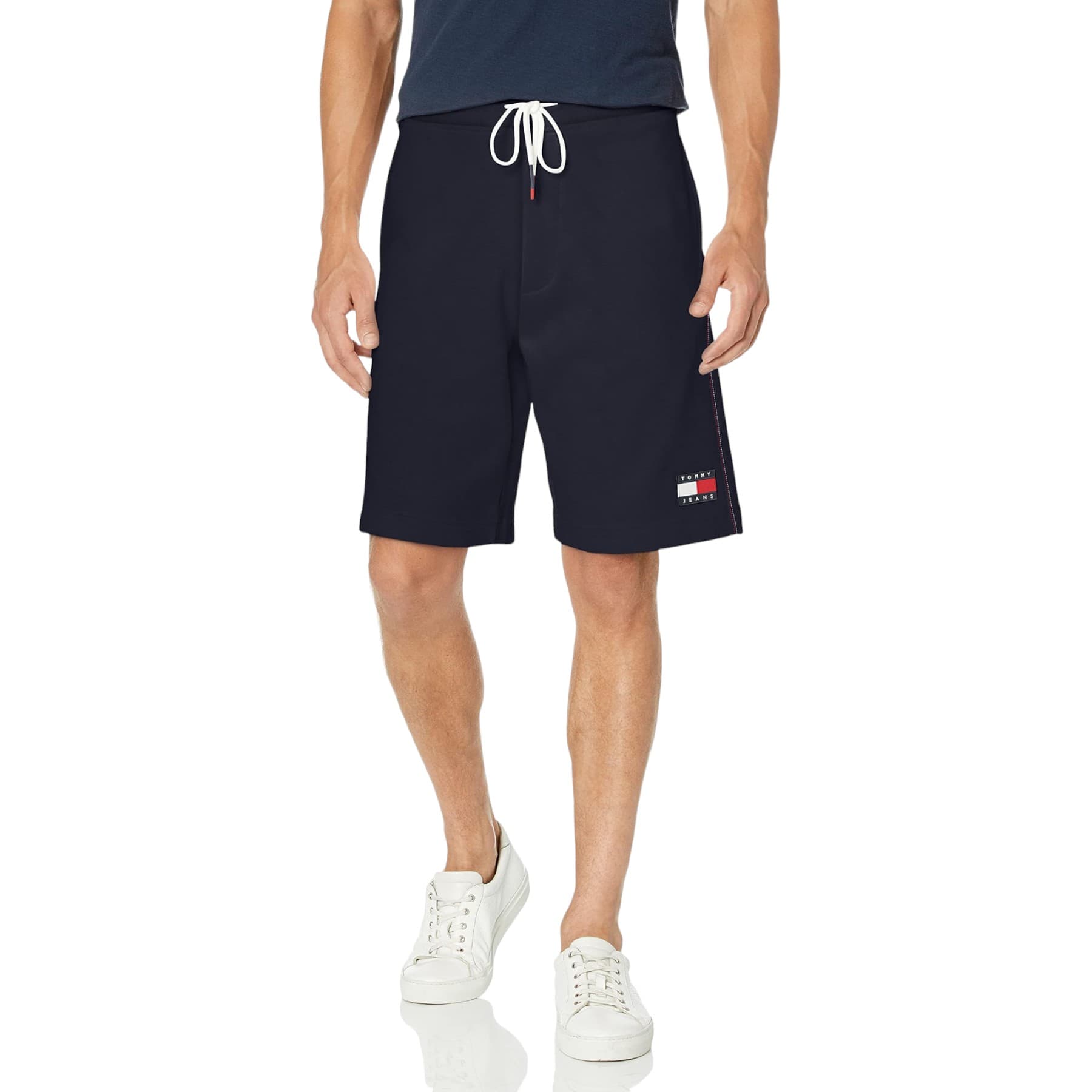 Tommy Jeans navy mens shorts front view, regular fit with side pockets