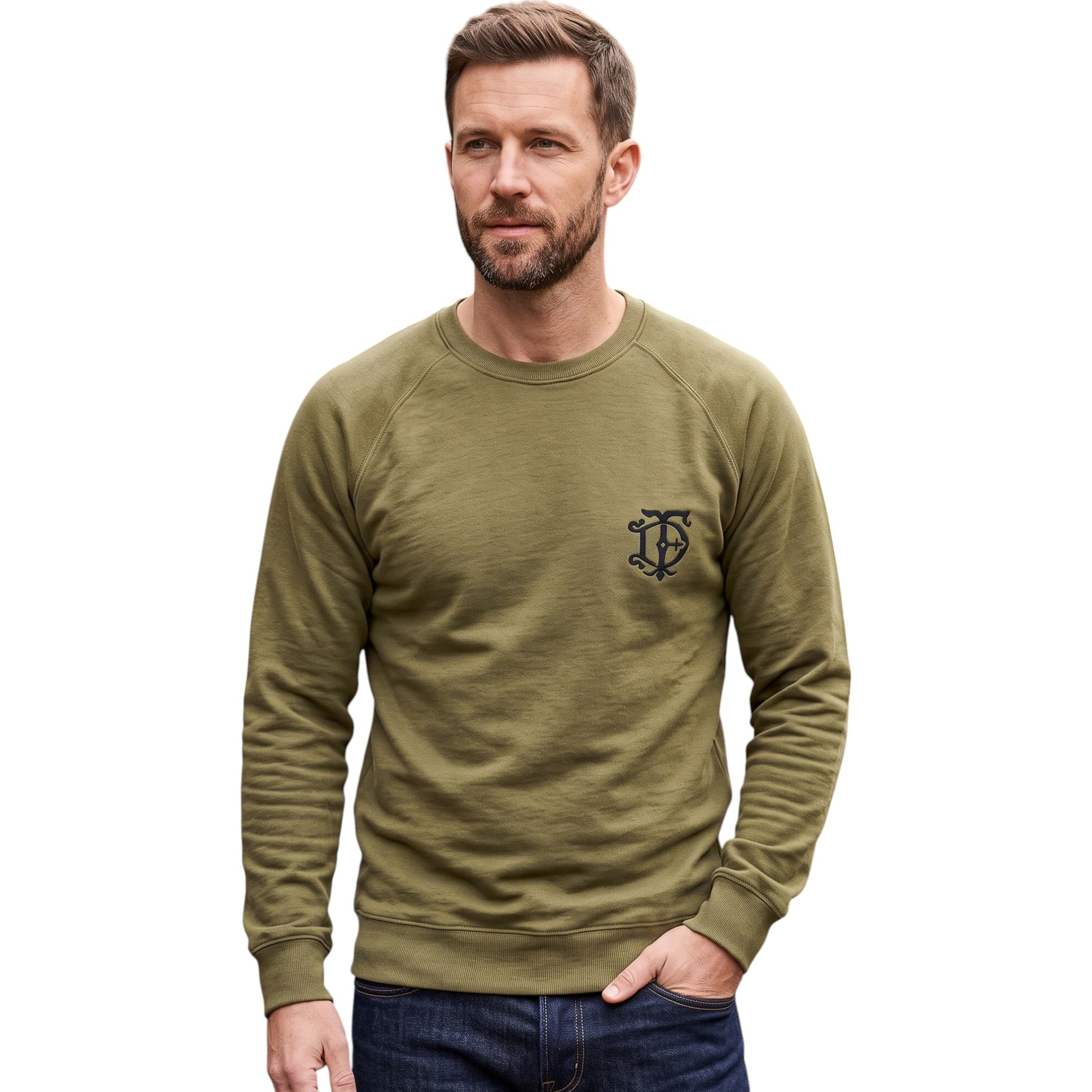 FAIRDIM men's olive cotton sweatshirt with embroidered logo, front view