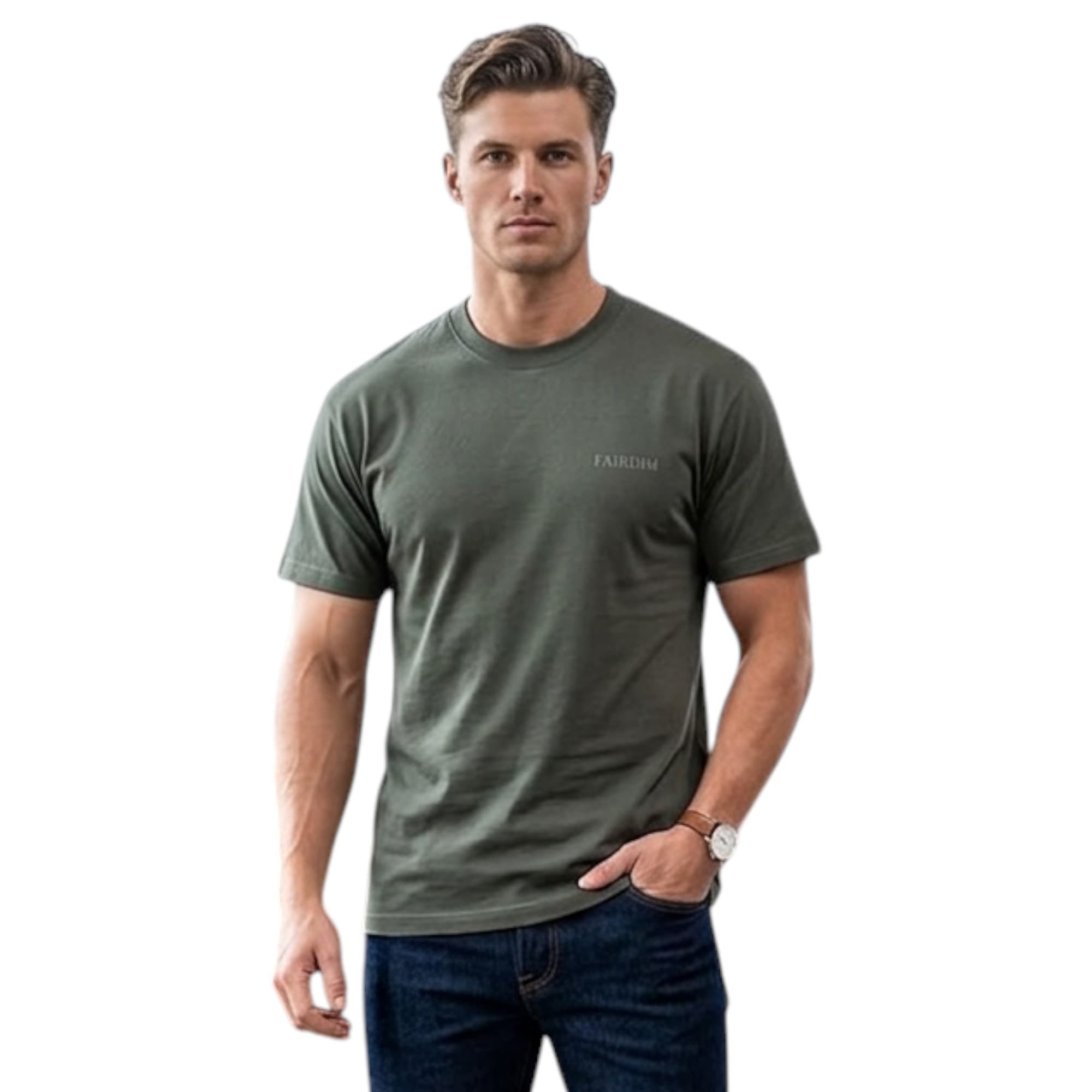 FAIRDIM men's green basic t-shirt front view with embroidered logo