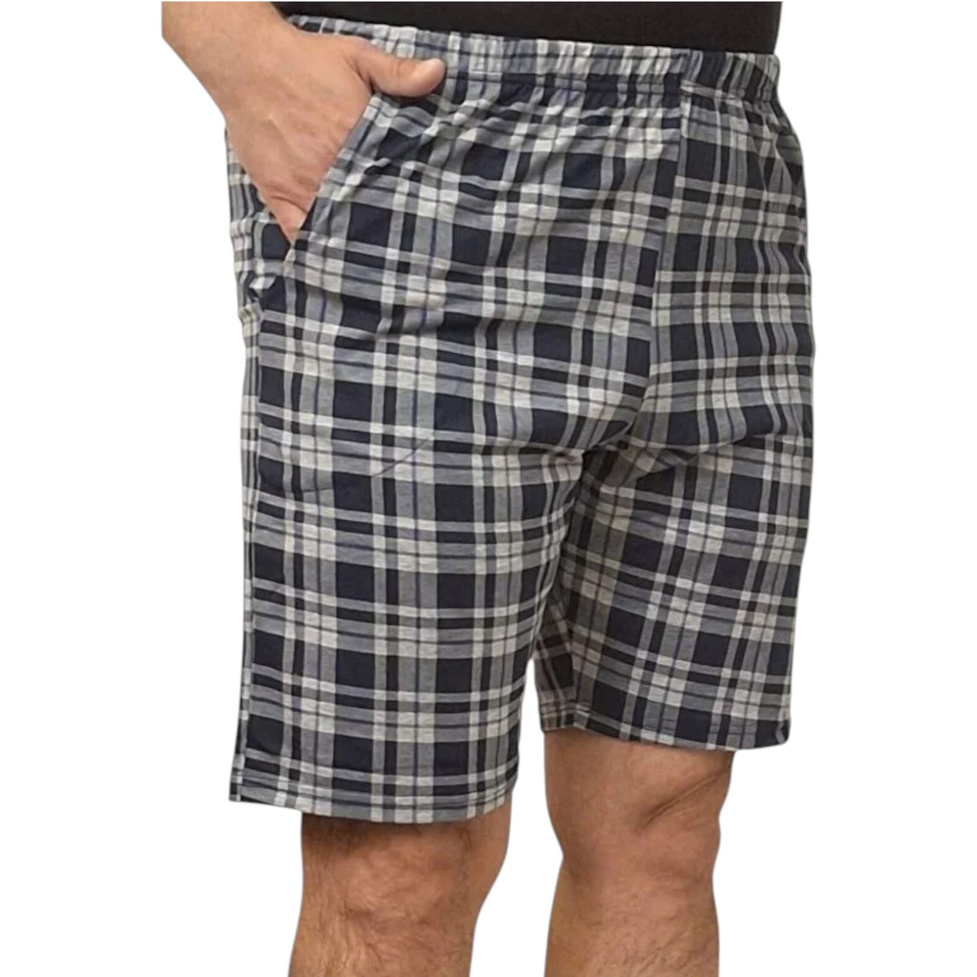 GANT men's indigo blue check shorts front view, mid-rise fit with logo belt loops