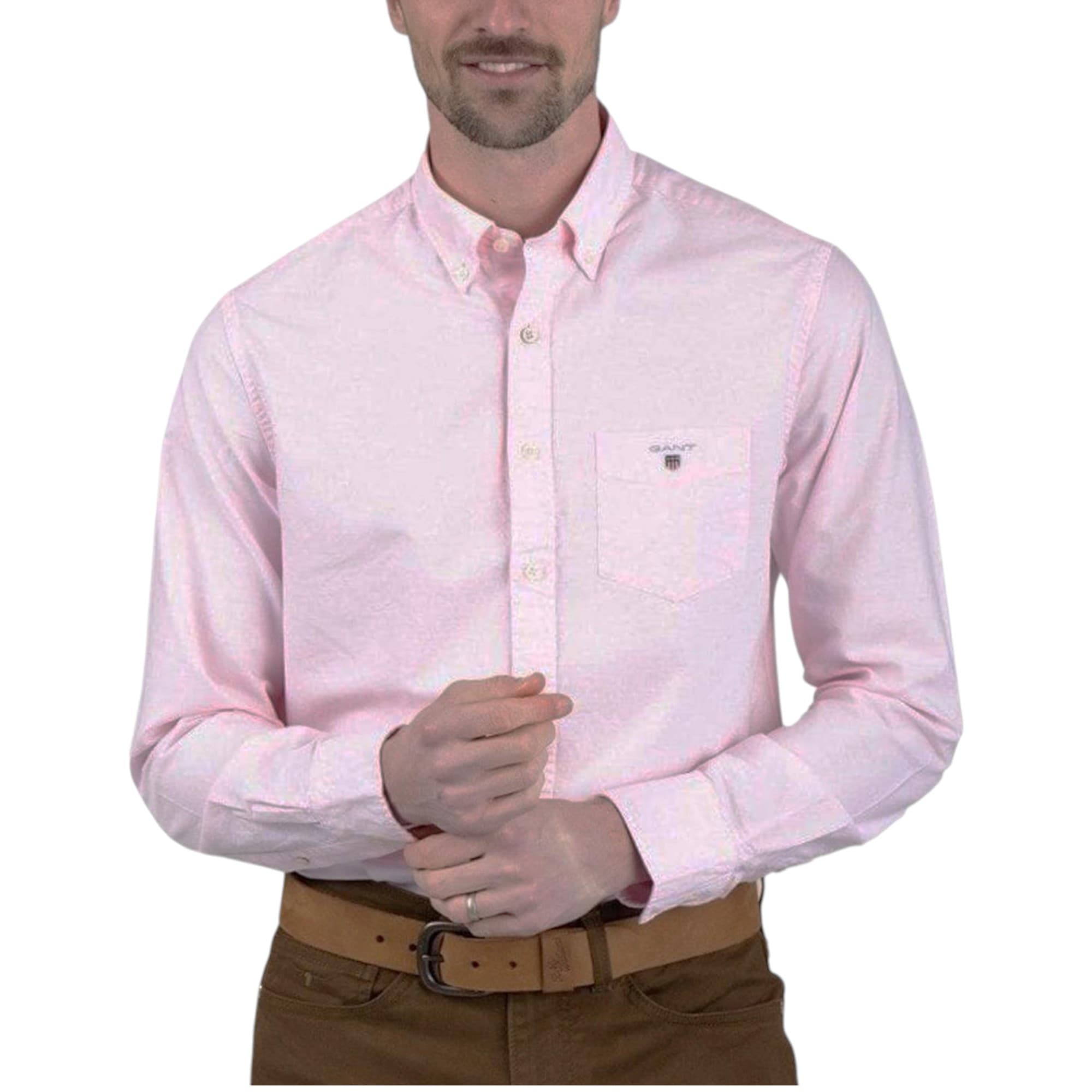 GANT mens pink cotton Oxford shirt front view with button-down collar