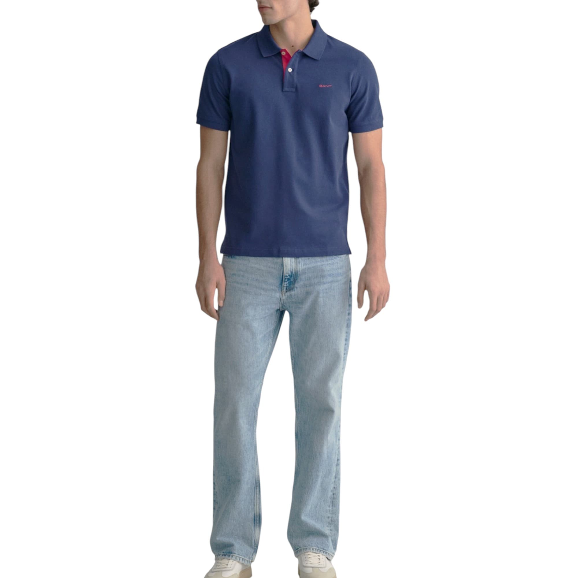 GANT blue men's polo shirt with contrast collar, front view