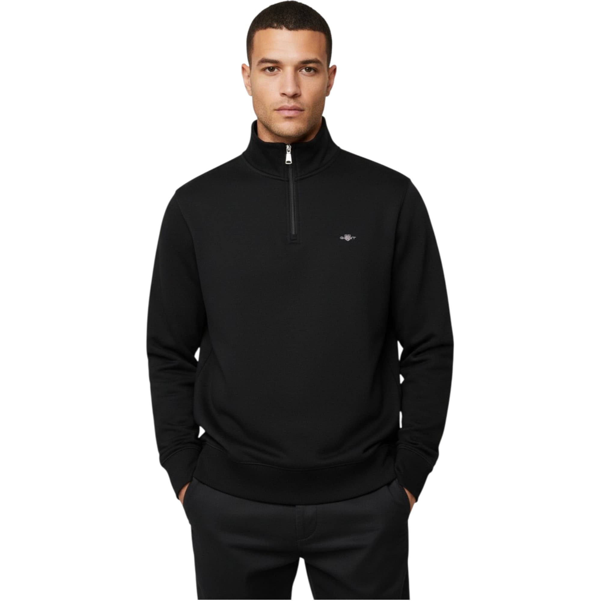 GANT black men's half zip sweatshirt with embroidered chest graphic, front view