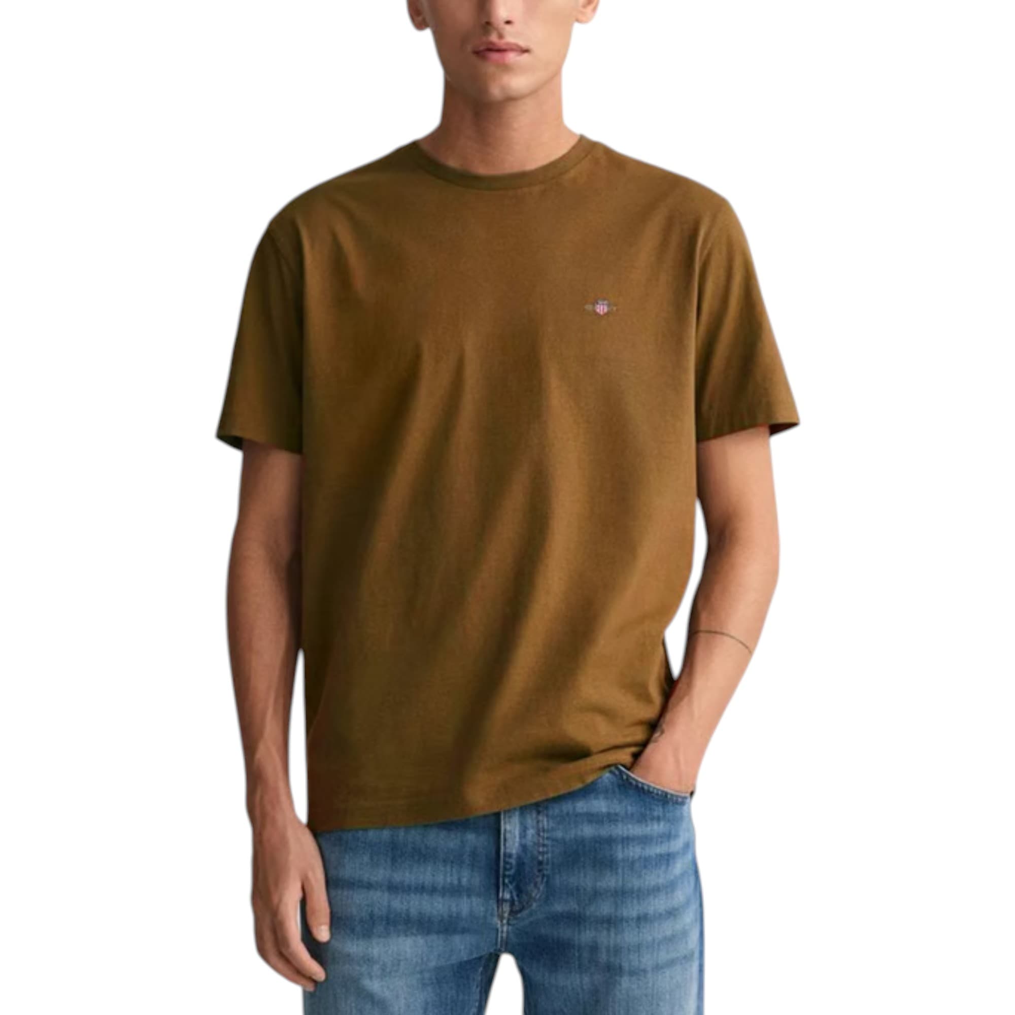 Gant Shield SS brown men's t-shirt front view with embroidered logo