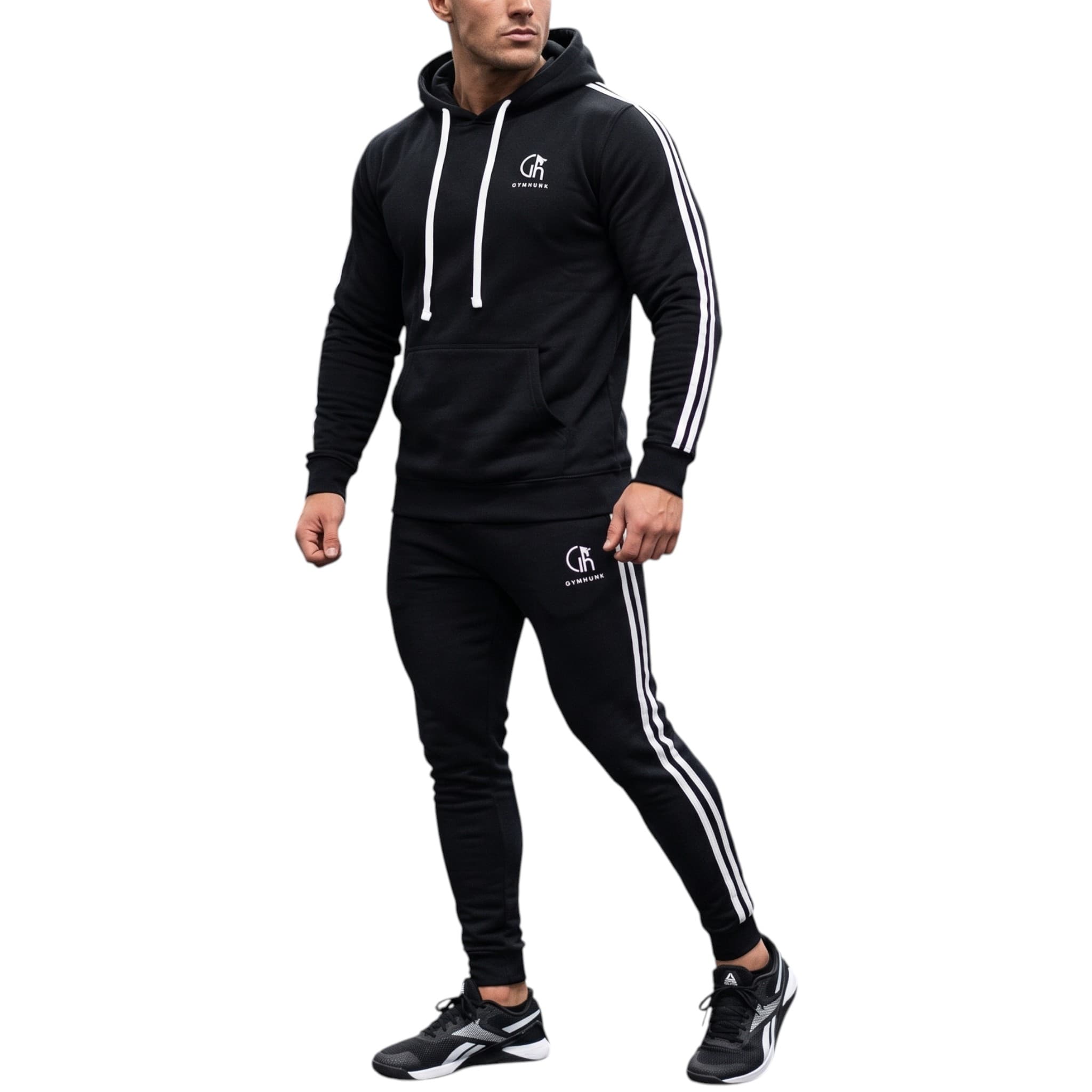 Gym Hunk men's black tracksuit set with hooded sweatshirt front view