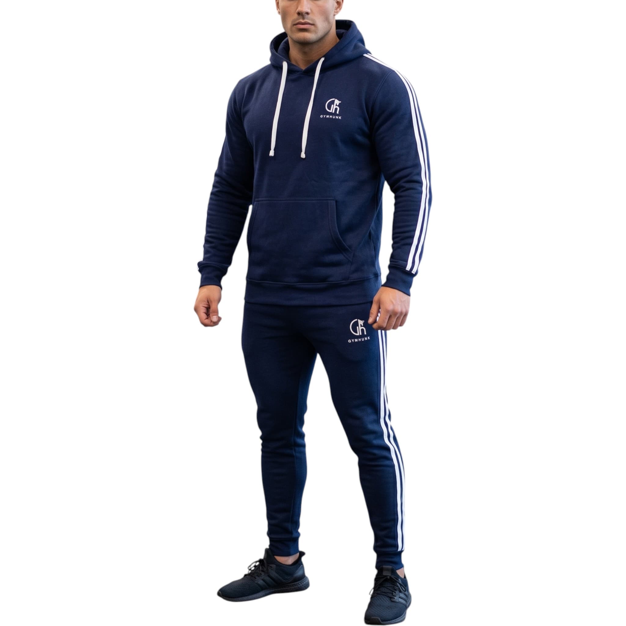 Gym Hunk men's navy hooded tracksuit set front view