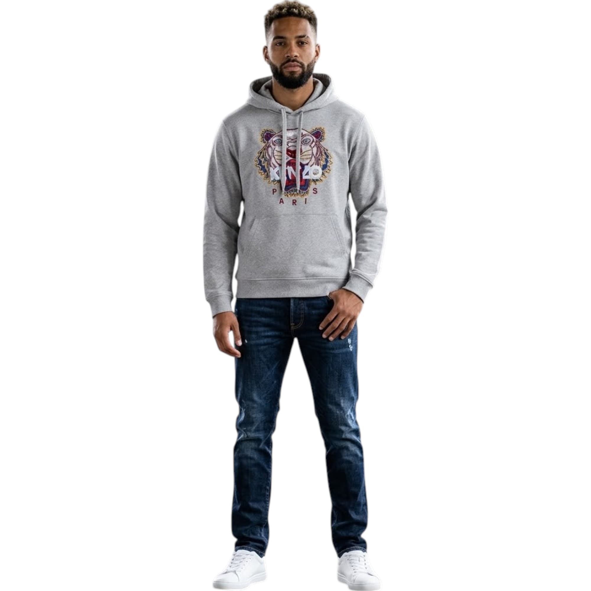Kenzo men's grey cotton pullover hoodie with tiger print, front view