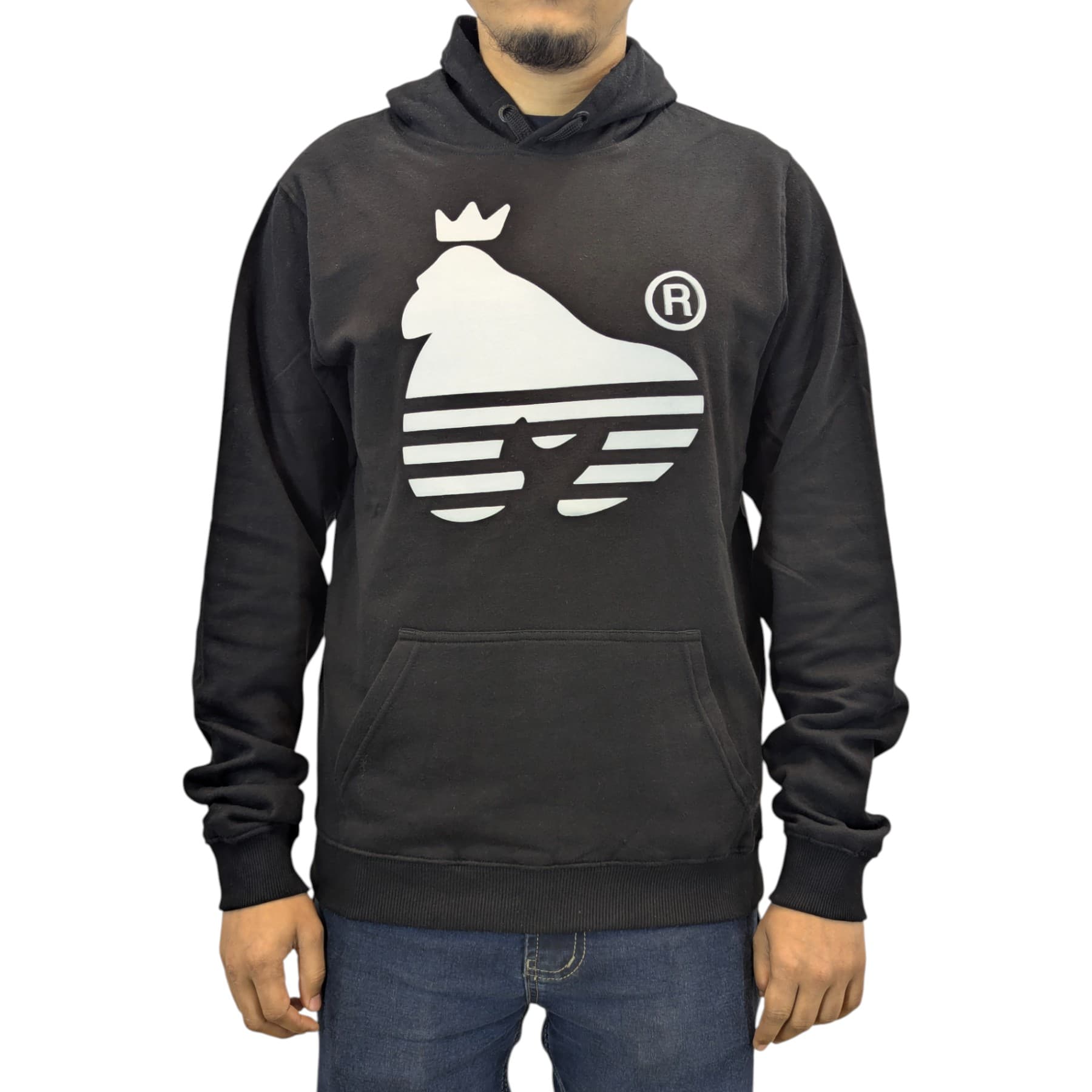 Money Clothing black kids hoodie with printed ape logo on chest, front view