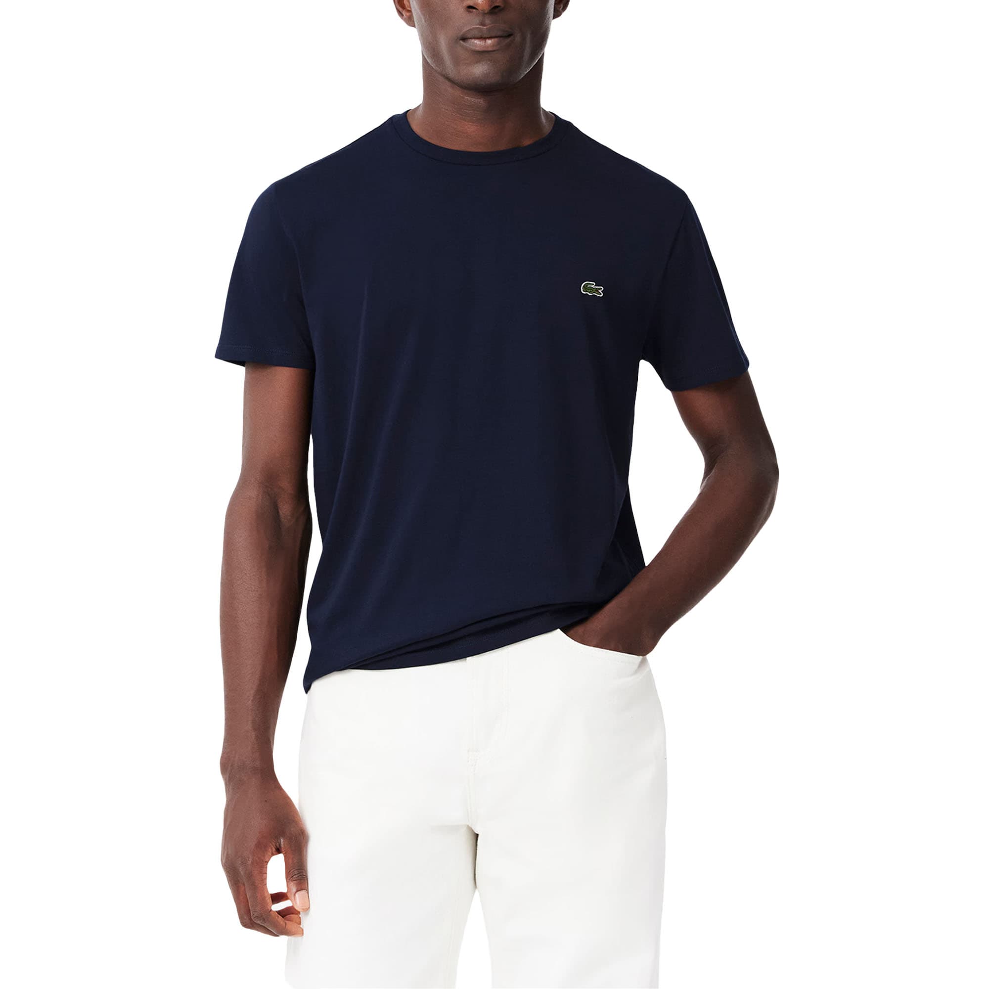 Lacoste mens navy crew neck t-shirt with embroidered crocodile logo, front view