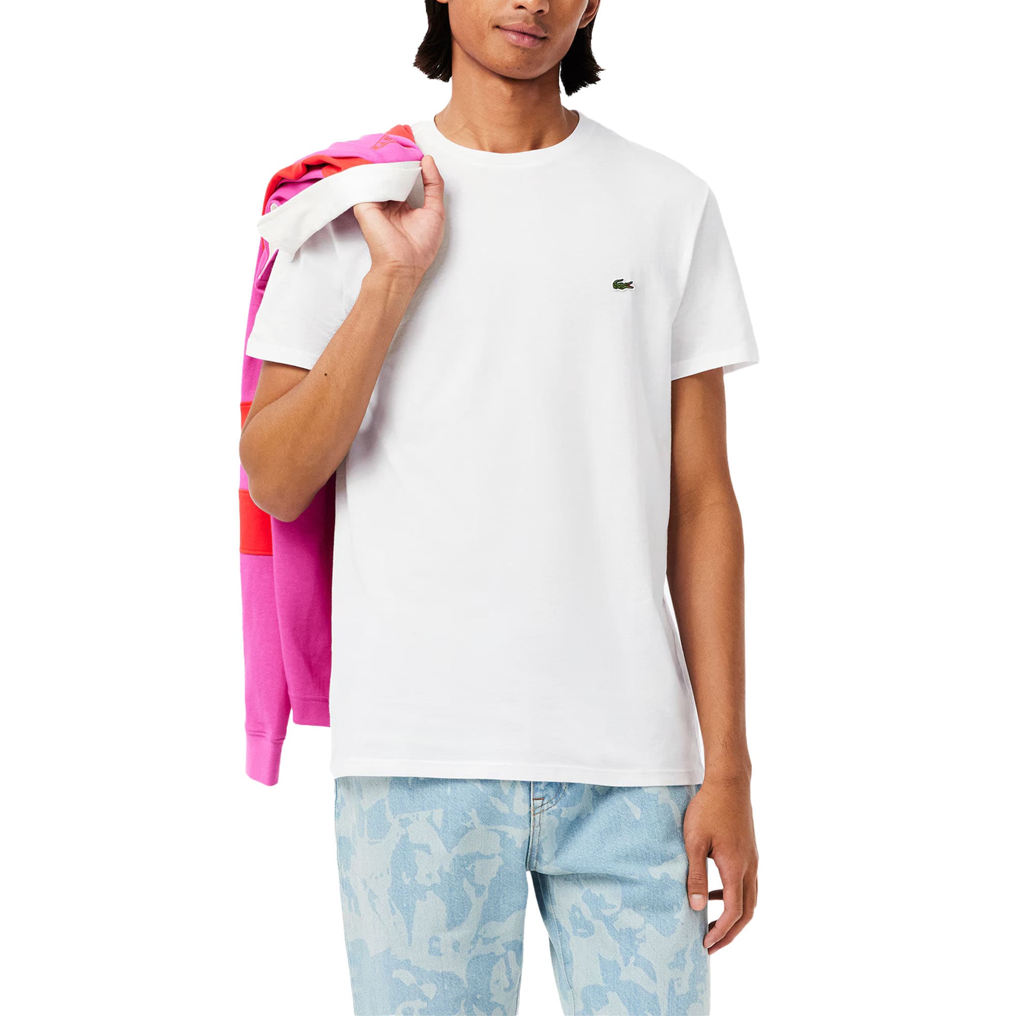 Lacoste white men's crew neck t-shirt front view with embroidered crocodile logo